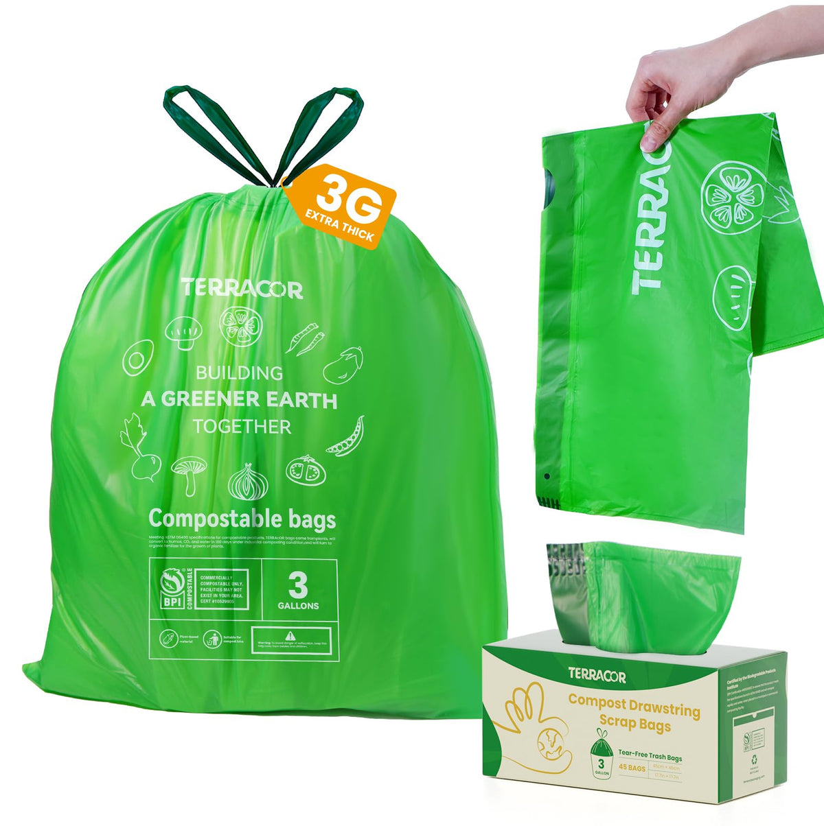 3 Gallon Compostable Trash Bags Drawstring (45 Count)