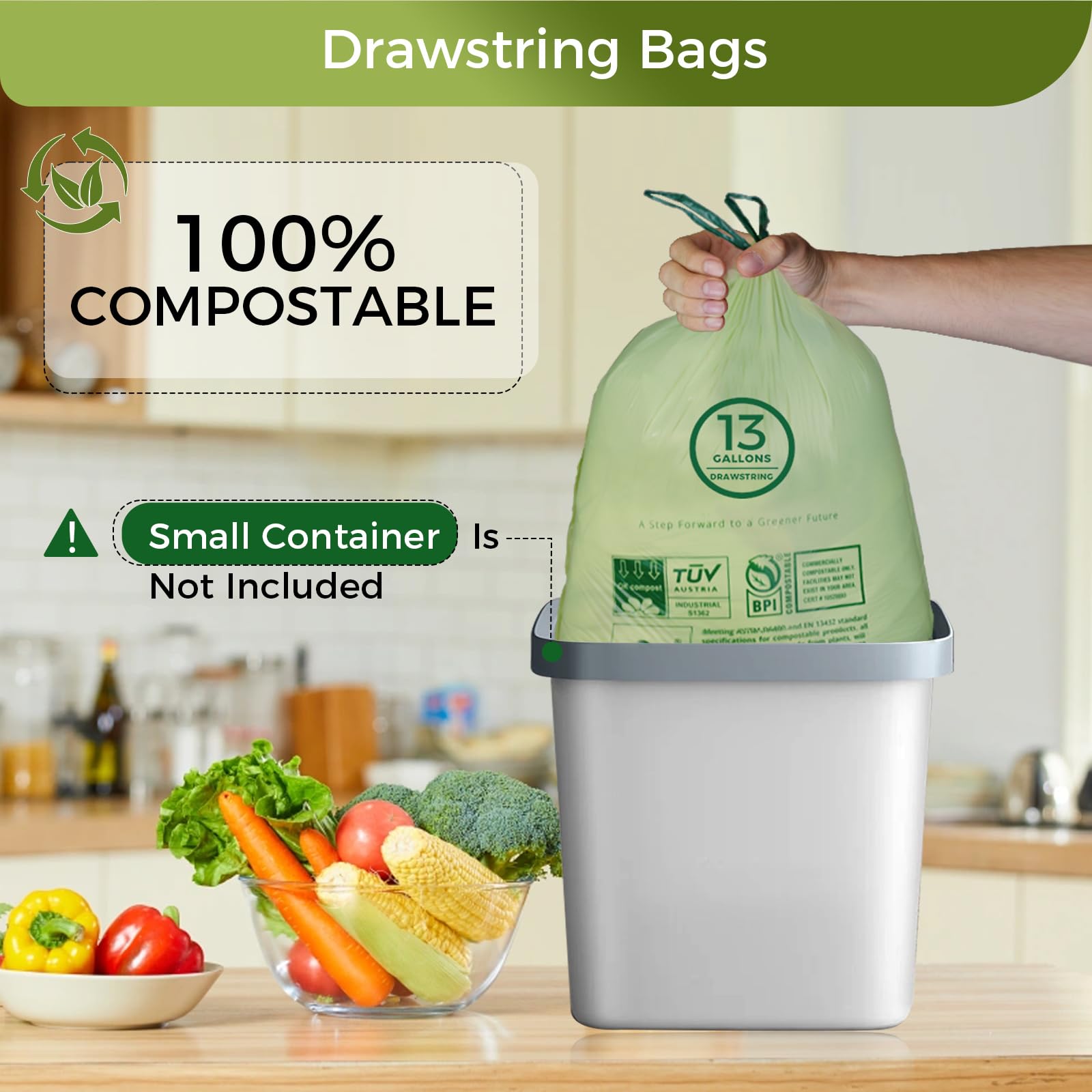 13 Gallon Compostable Trash Bags with Drawstring (30 Count)