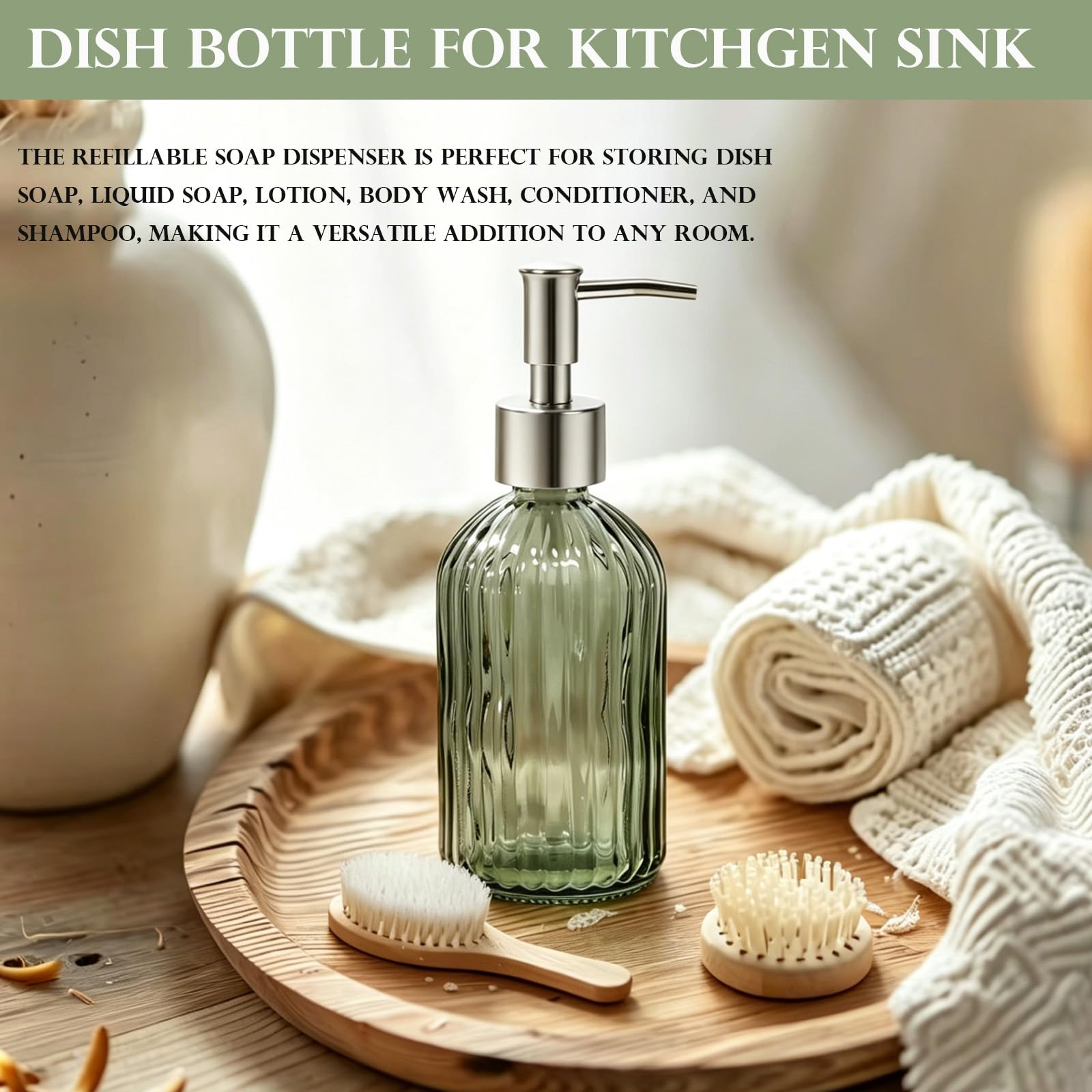 14 Oz Green Glass Soap Dispenser with Silver Plastic Pump