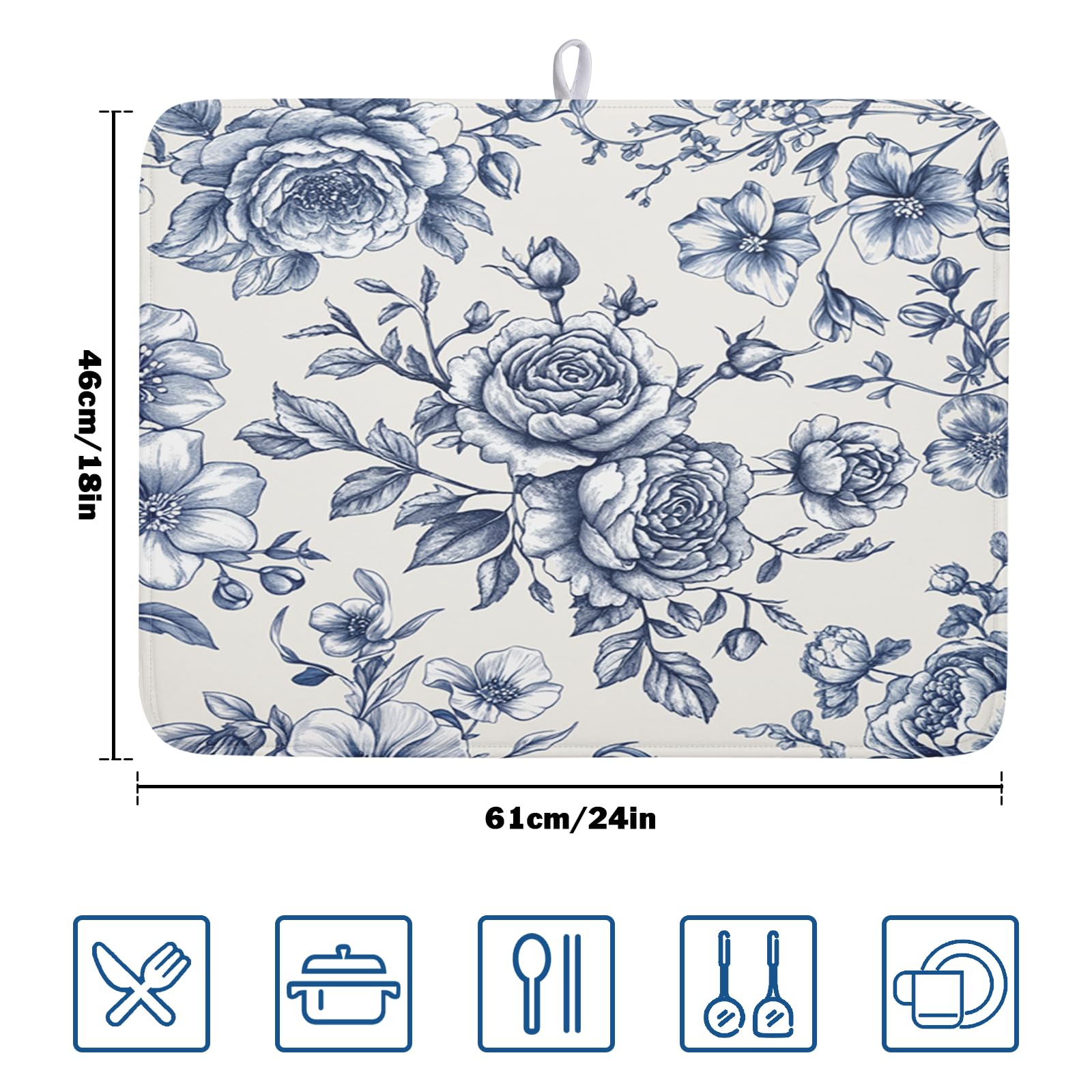 Vintage Floral Dish Drying Mat for Kitchen Counter Blue Floral Chinoiserie Pattern Dish Drying Pad 18x24 In Absorbent French Farmhouse Decor Dishes Drainer Pad Dish Dry Rack Mat for Counter Coffee Bar
