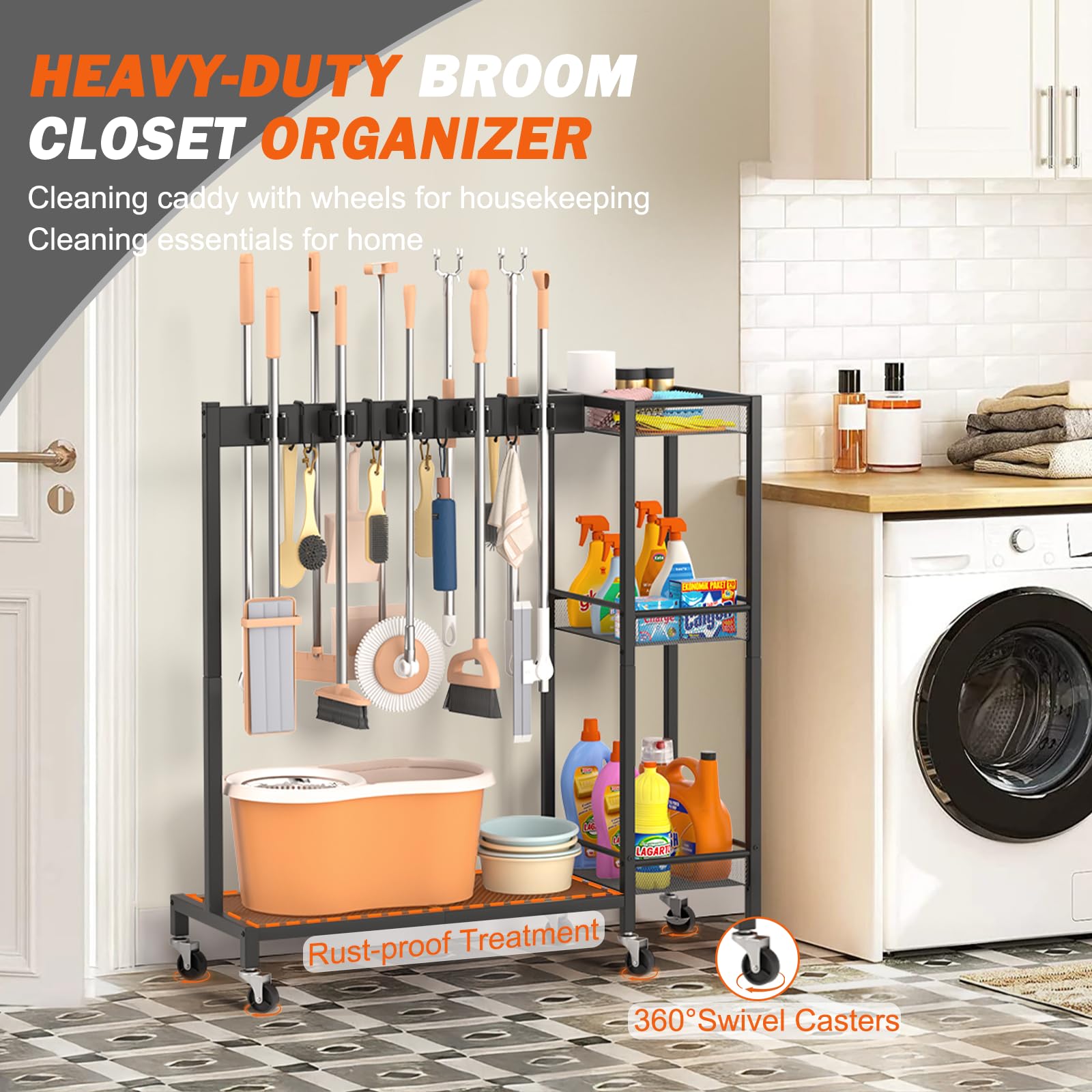 Broom Holder with Cleaning Supplies Organizer