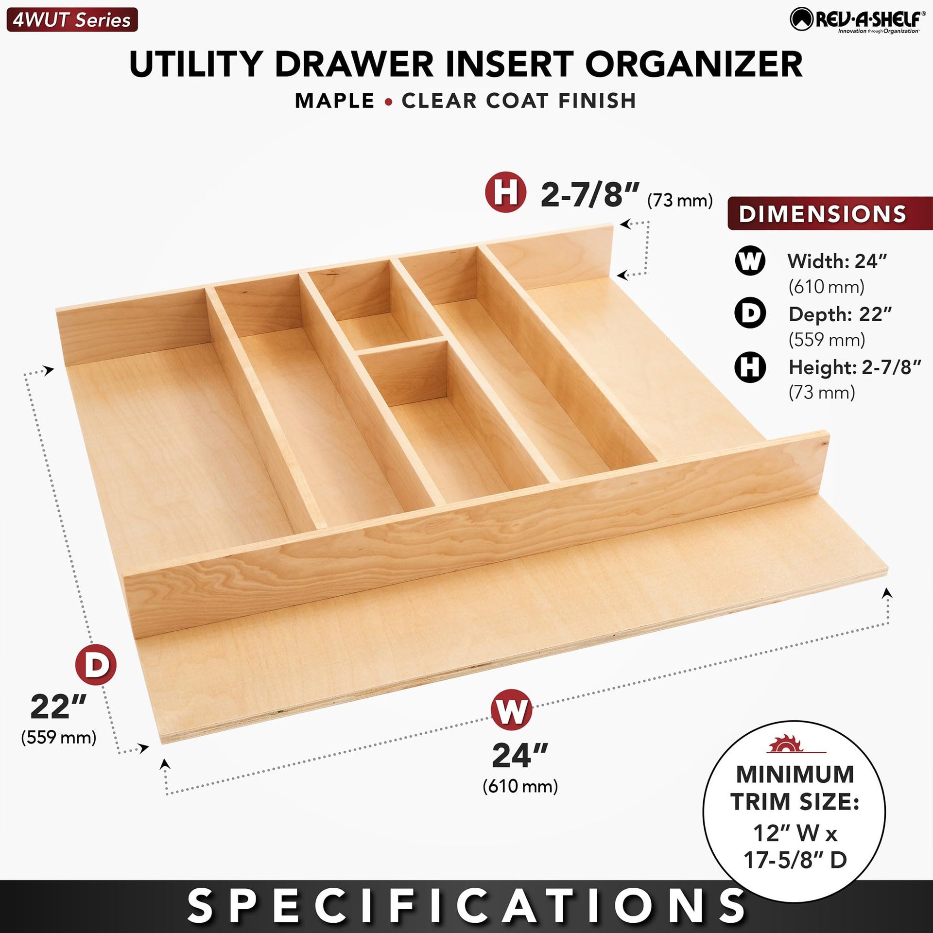Trim-to-Custom-Fit Silverware Drawer Organizer For Kitchen Utensils, Cutlery Cabinet Storage Divider Insert, 23.98 x 21.97 In, Maple Wood, 4WUT-3