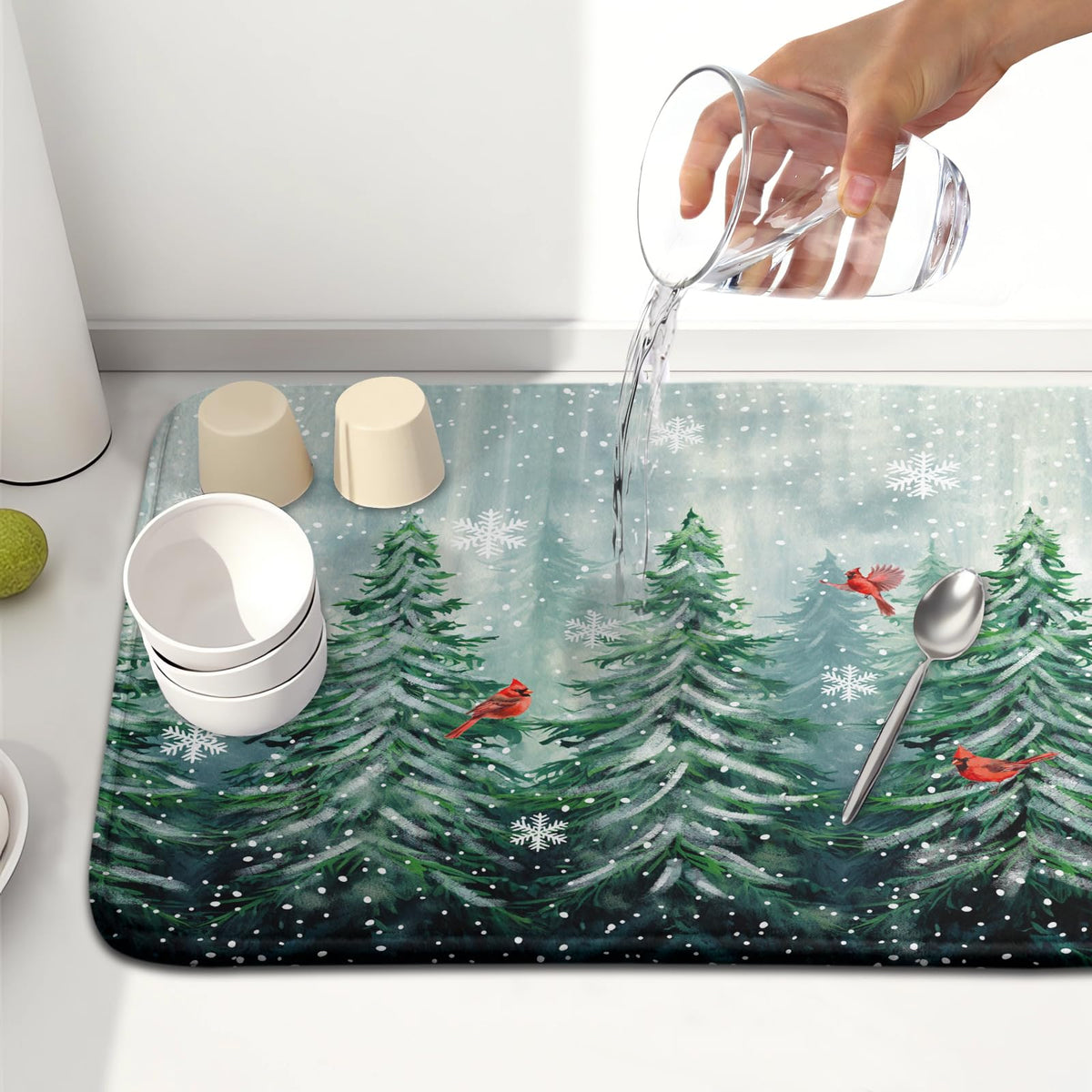 Welcome Winter Pines Tree Dish Drying Mat
