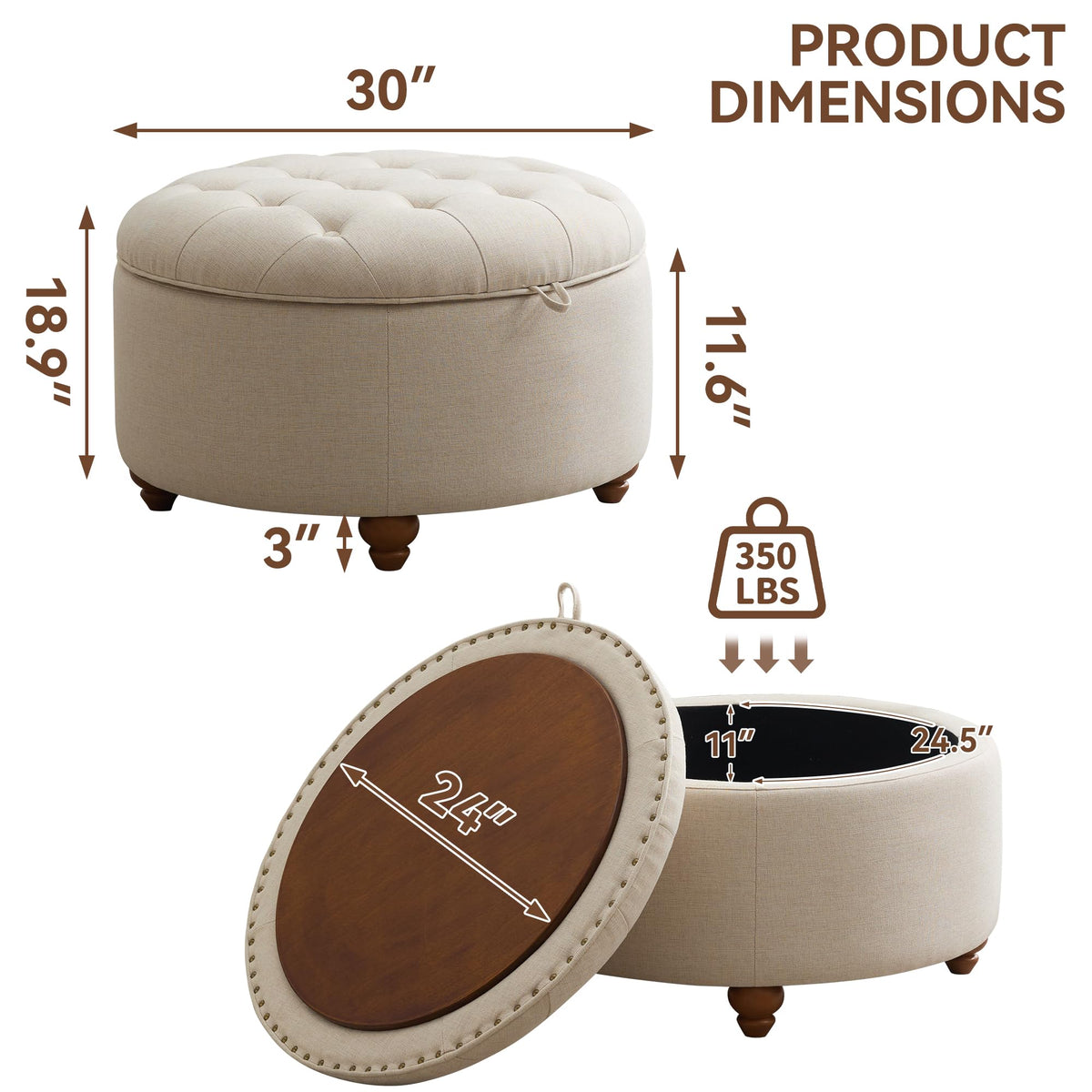 30Inch Round Storage Ottoman with Tray