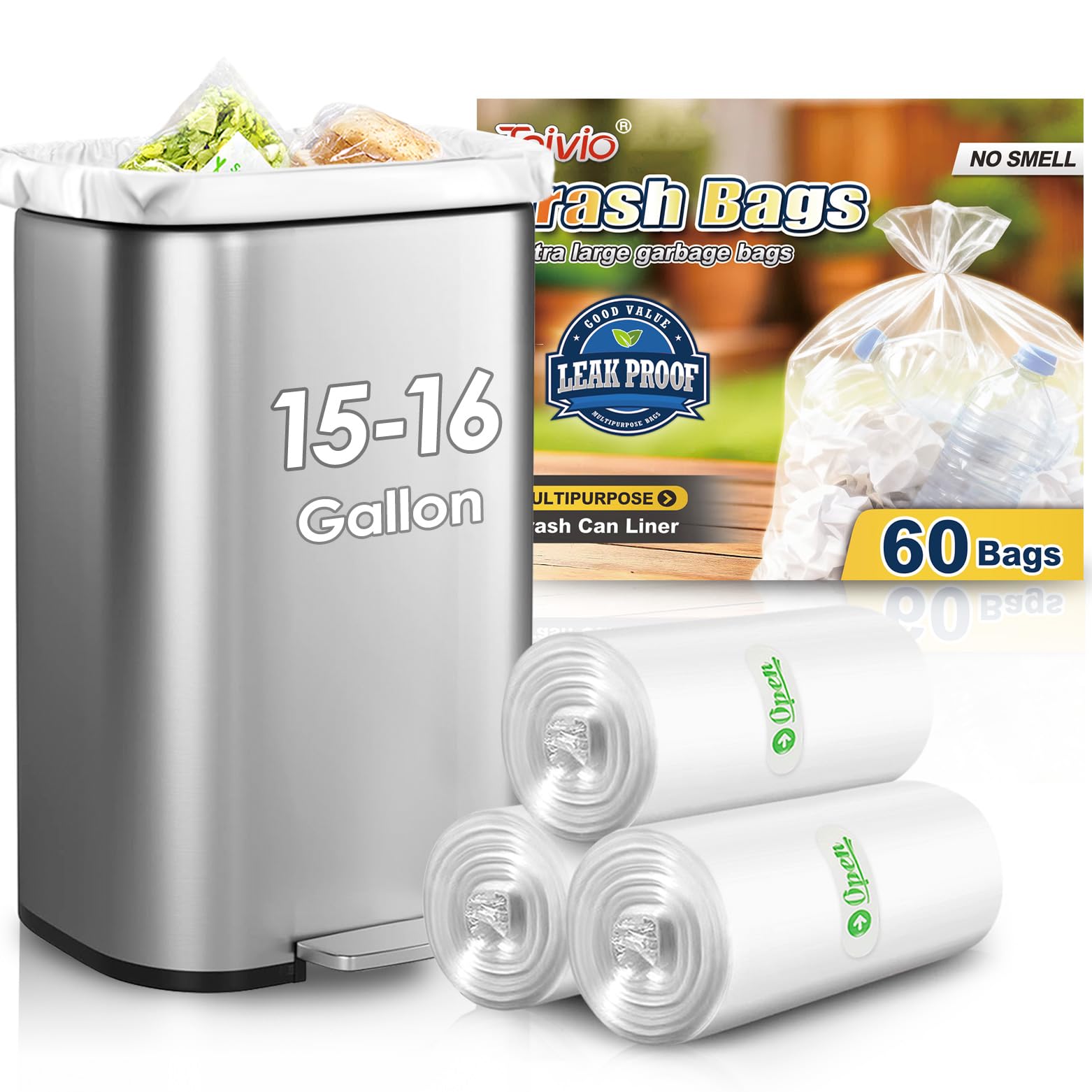 Large Tall Kitchen Clear Trash Bags 15 Gallon 60 Count Garbage Bags