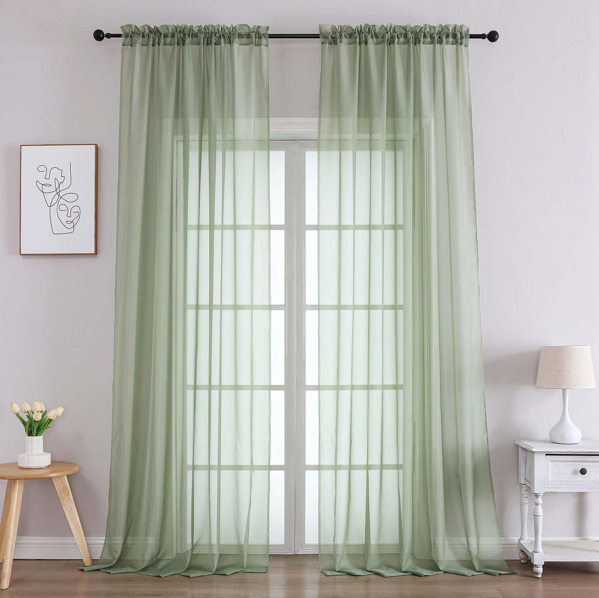 Extra Long Sage Green Sheer Curtains 108 Inches Long 2 Panels (2 Count)