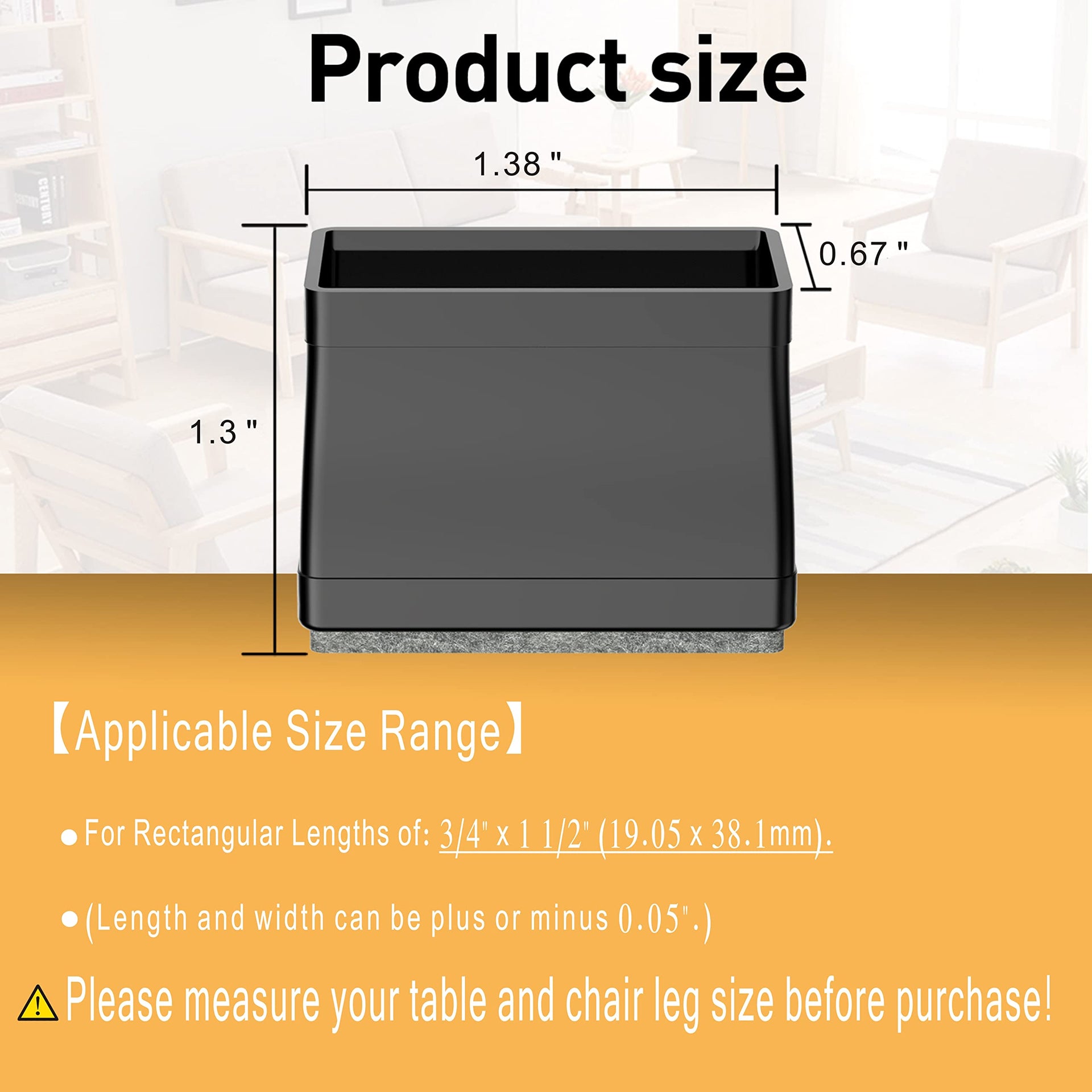 3/4" x 1 1/2" Rectangle Chair Leg Protectors for Hardwood Floors, Silicone Covers to Protect Wood Tile Floors Felt Pads Furniture Leg Caps Reduce Noise. Easy to Move. 16PCS Black. (24 Count)