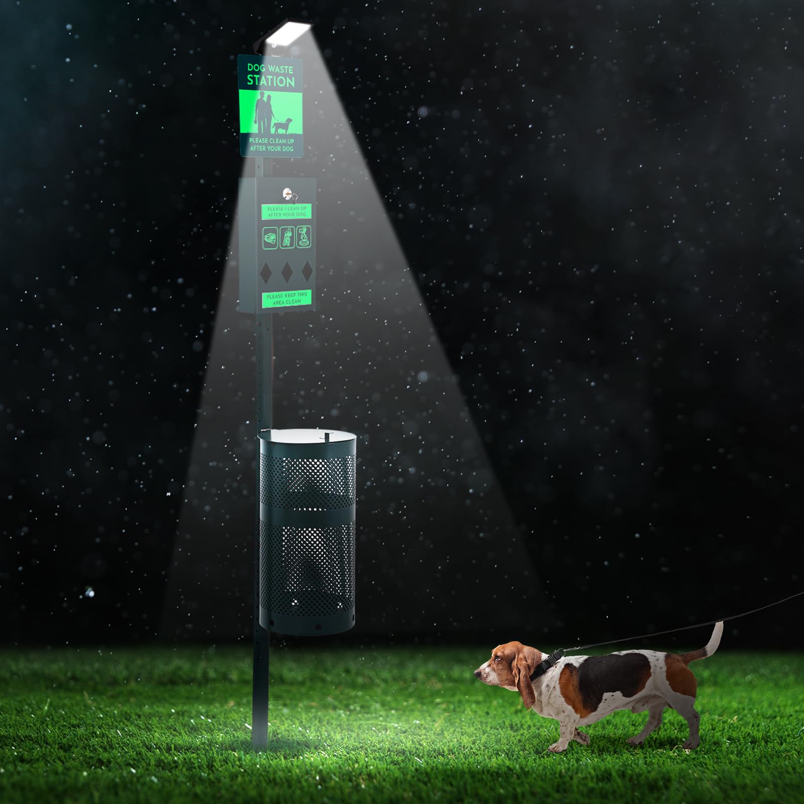 Dog Waste Station with Solar Panels Outdoor Light Up at Night