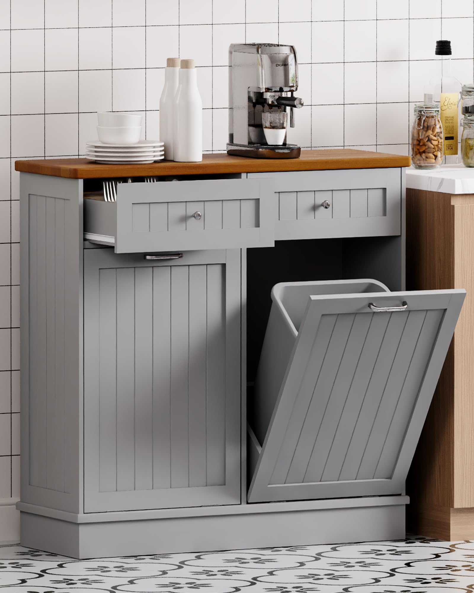 2 x 10 Gallon Tilt Out Trash Cabinet with 2 Big Storage Drawer