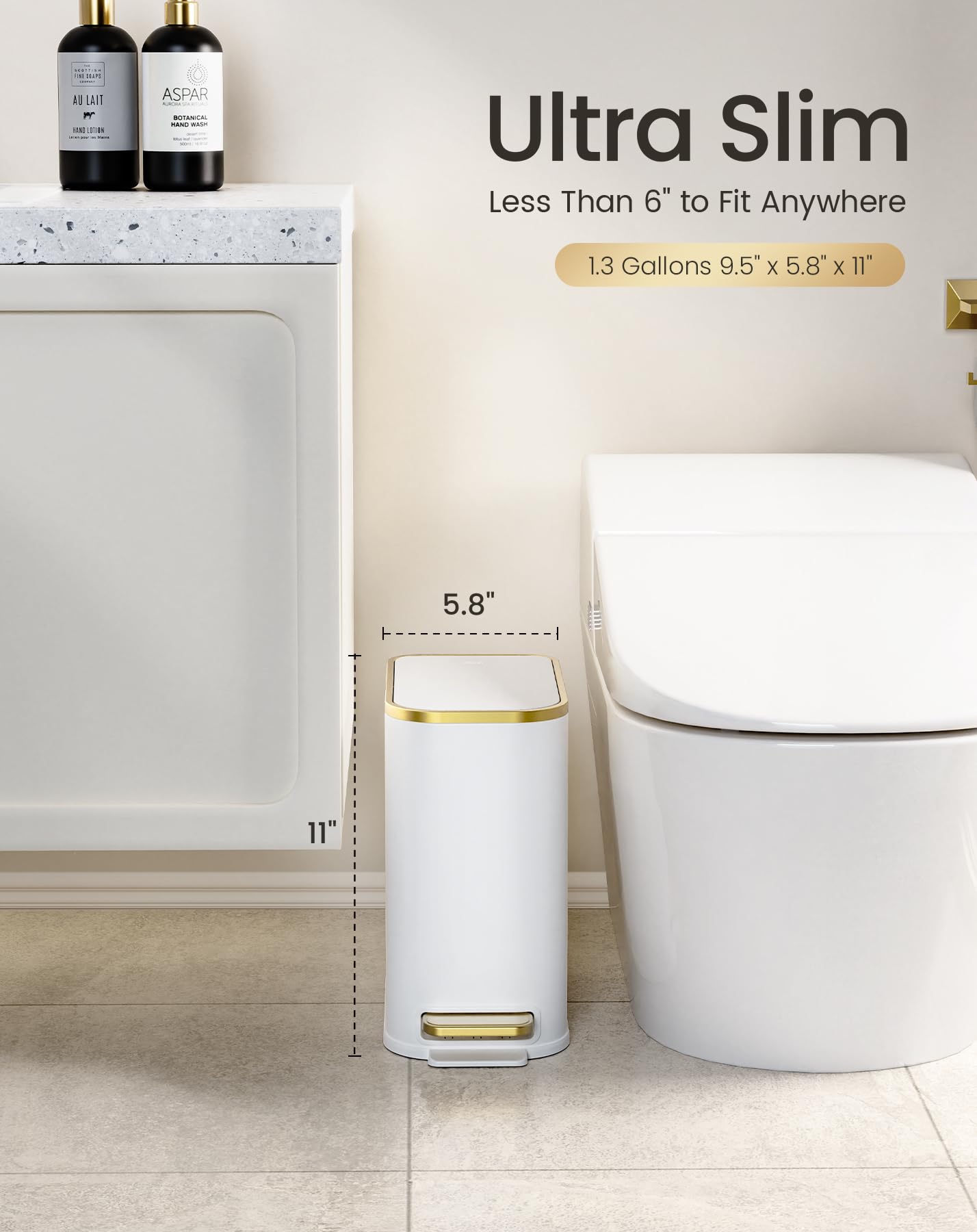Small Bathroom Trash Can with Gold Grimmed Lid & Pedal