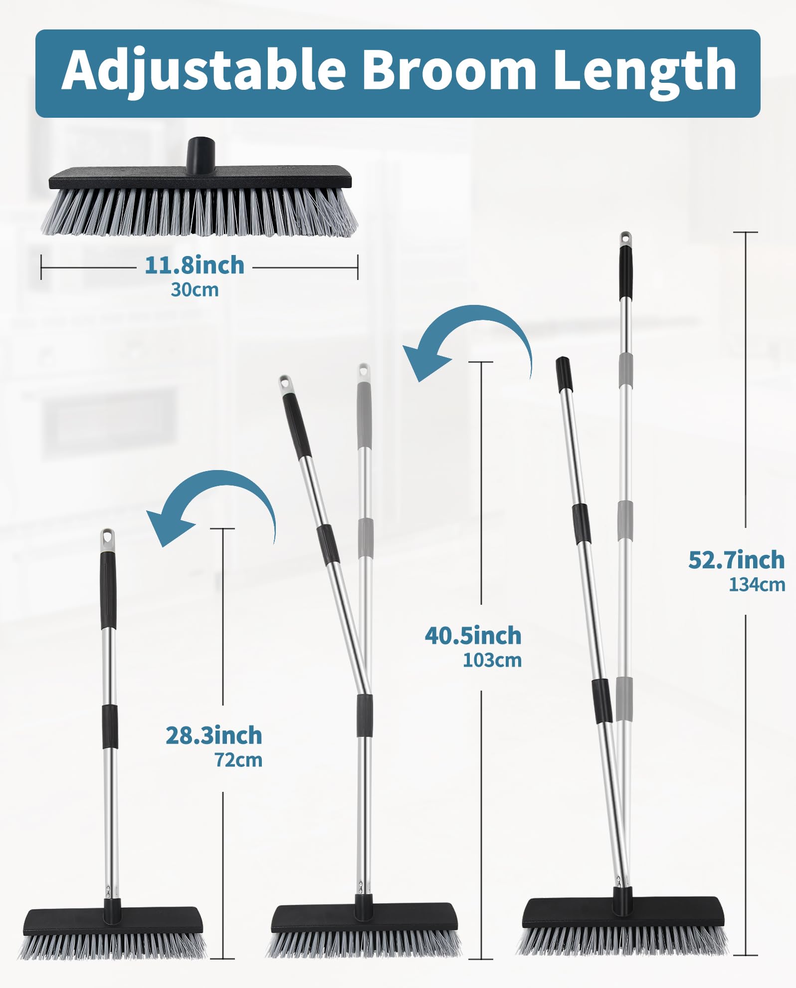 LandHope Hard Bristle Deck Broom Adjustable Long Handle Scrub Brush Heavy Duty Concrete Push Broom Outdoor Brush Garage Broom Wood Large Floor Scrubber 28