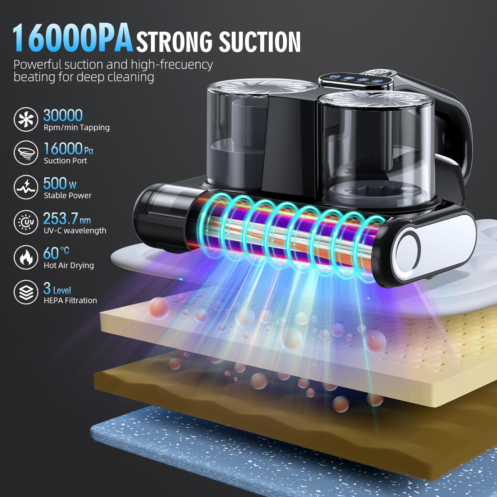 Mattress Vacuum Bed Vacuum Cleaner 16Kpa Suction 253.7nm UV