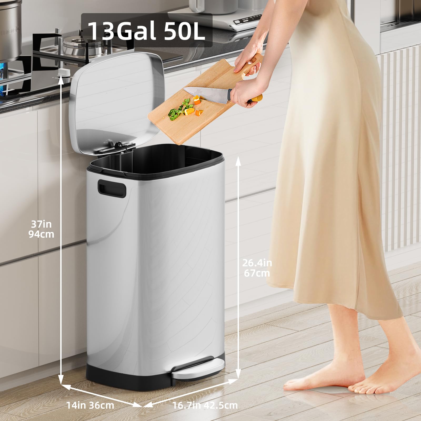 13 Gallon 50L Stainless Steel Kitchen Trash Can with Lid and Step Pedal