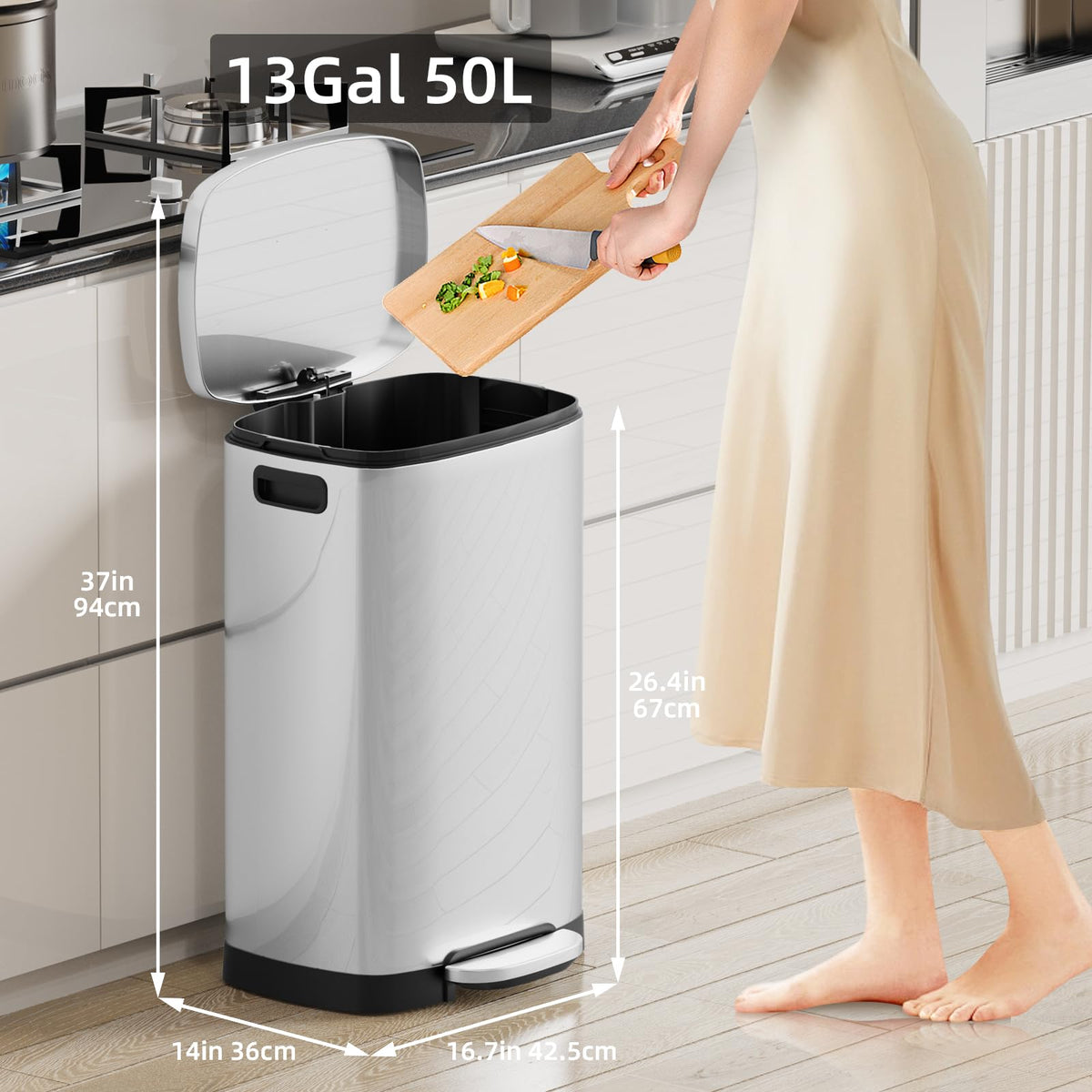 13 Gallon 50L Stainless Steel Kitchen Trash Can with Lid and Step Pedal