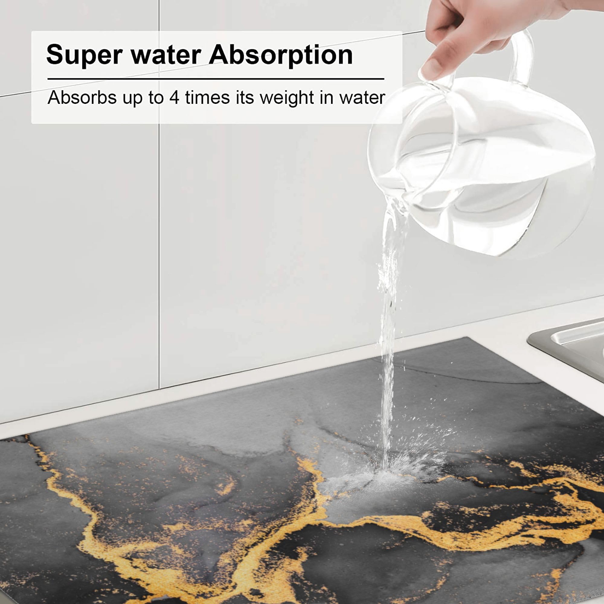 Black Gray Gold Marble Kitchen Drying Mat Abstract Modern 18x24 Inch