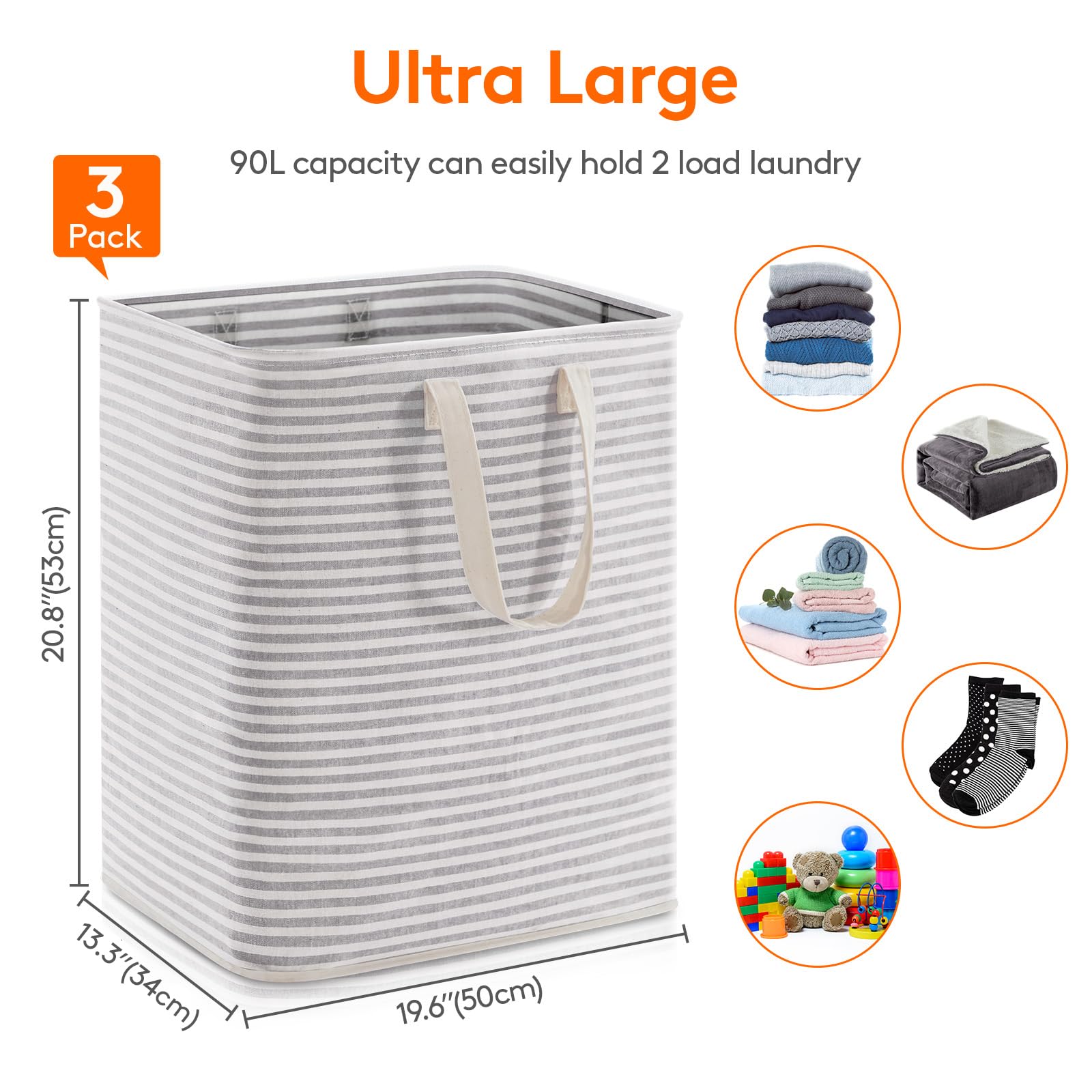 3 Pack Laundry Basket 90L Each (3 Count)