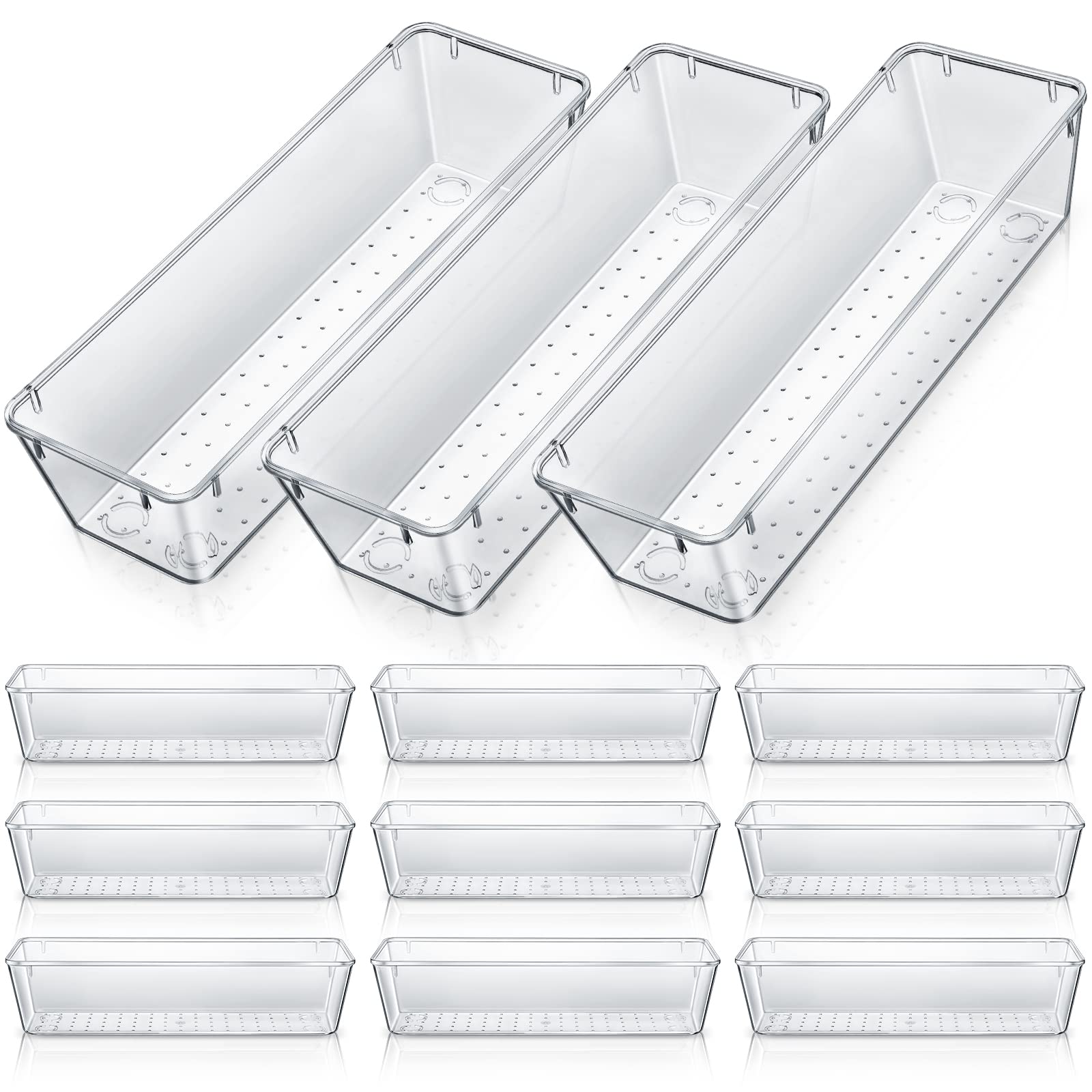 12 Pcs Clear Drawer Organizer 9 x 3 x 2 Inches Plastic Rectangle Trays Makeup Vanity Storage Bins and Kitchen Drawers Dividers for Office Desk Silverware Kitchen Utensils (12 Count)