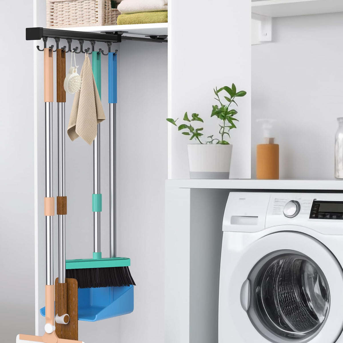 Pull Out Broom Holder With Adjustable Double Row Sliding Hook