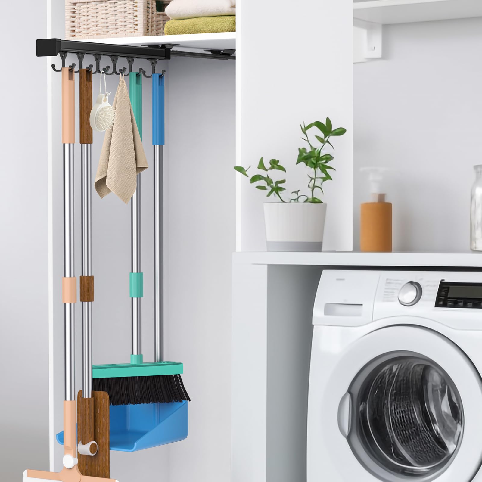 Pull Out Broom Holder With Adjustable Double Row Sliding Hook