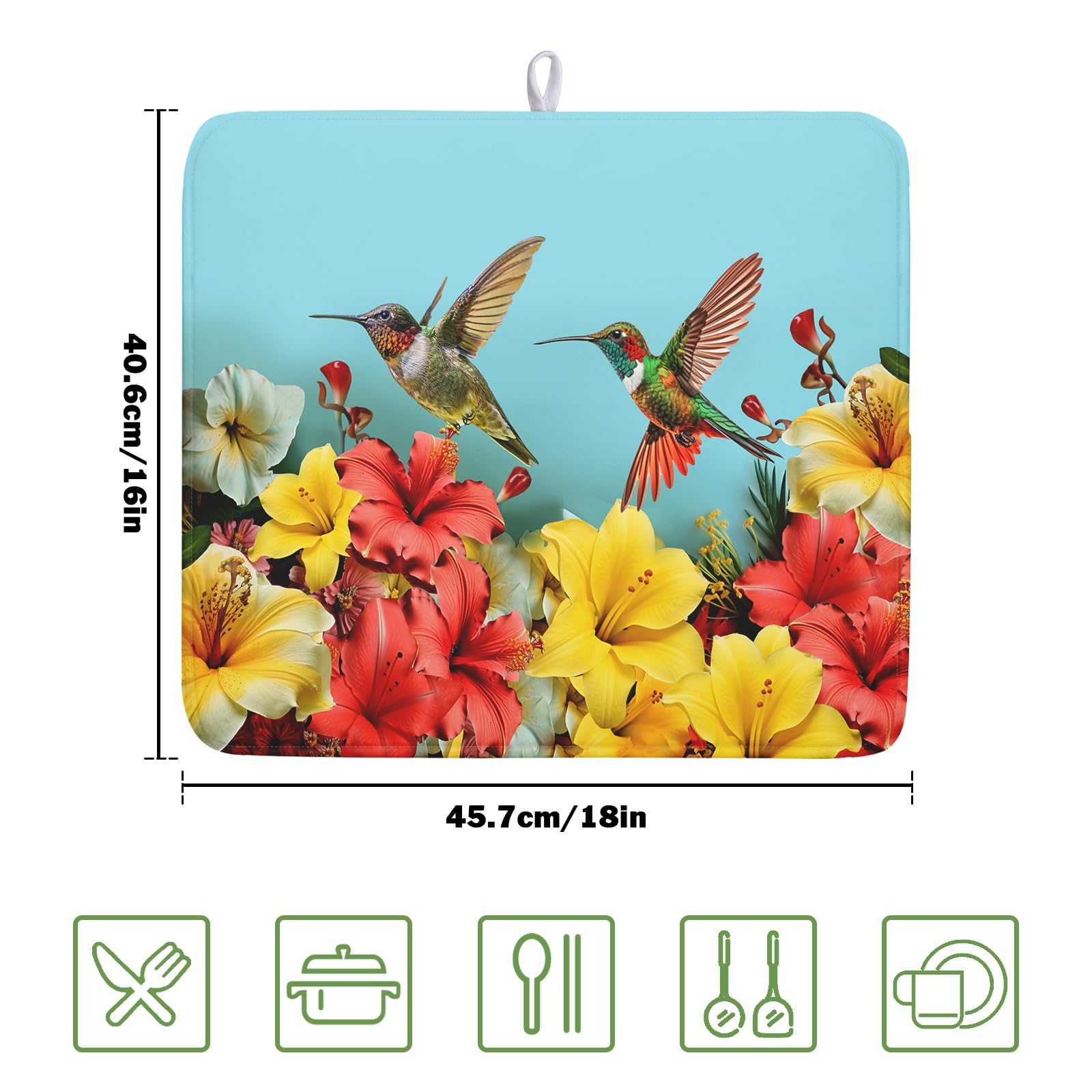 Hummingbirds Floral Dish Drying Mat for Kitchen Counter 16x18 In Hibiscus Tropical Drying Mat Farmhouse Fast Dry Absorbent Microfiber Dish Drainer Rack Pad for Countertop Decor