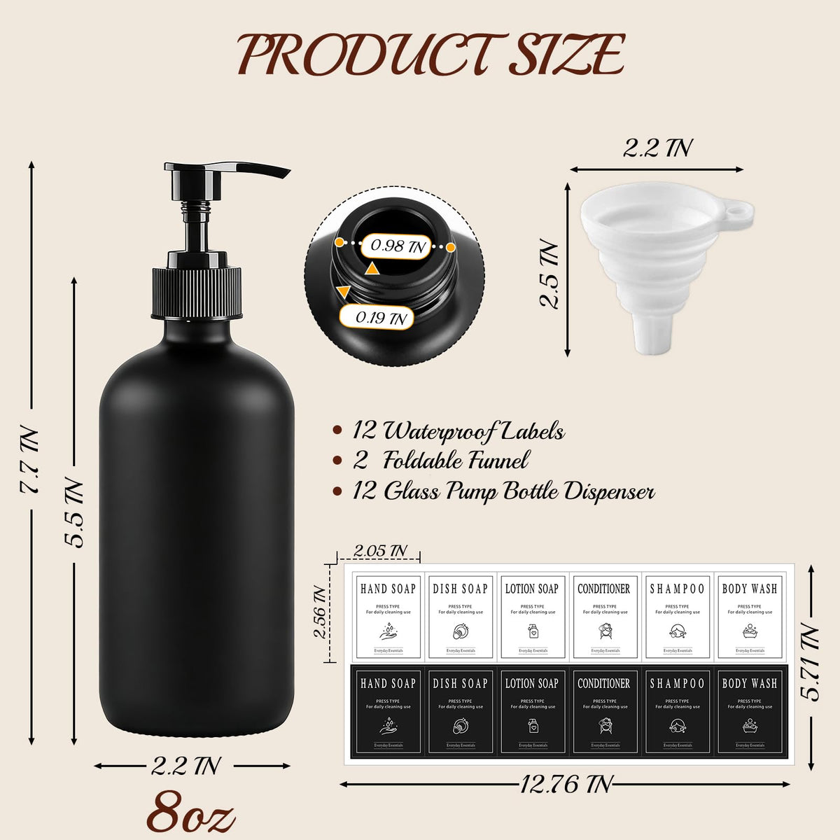 12 Pack 8oz Black Glass Soap Dispensers with Pump (12 Count)