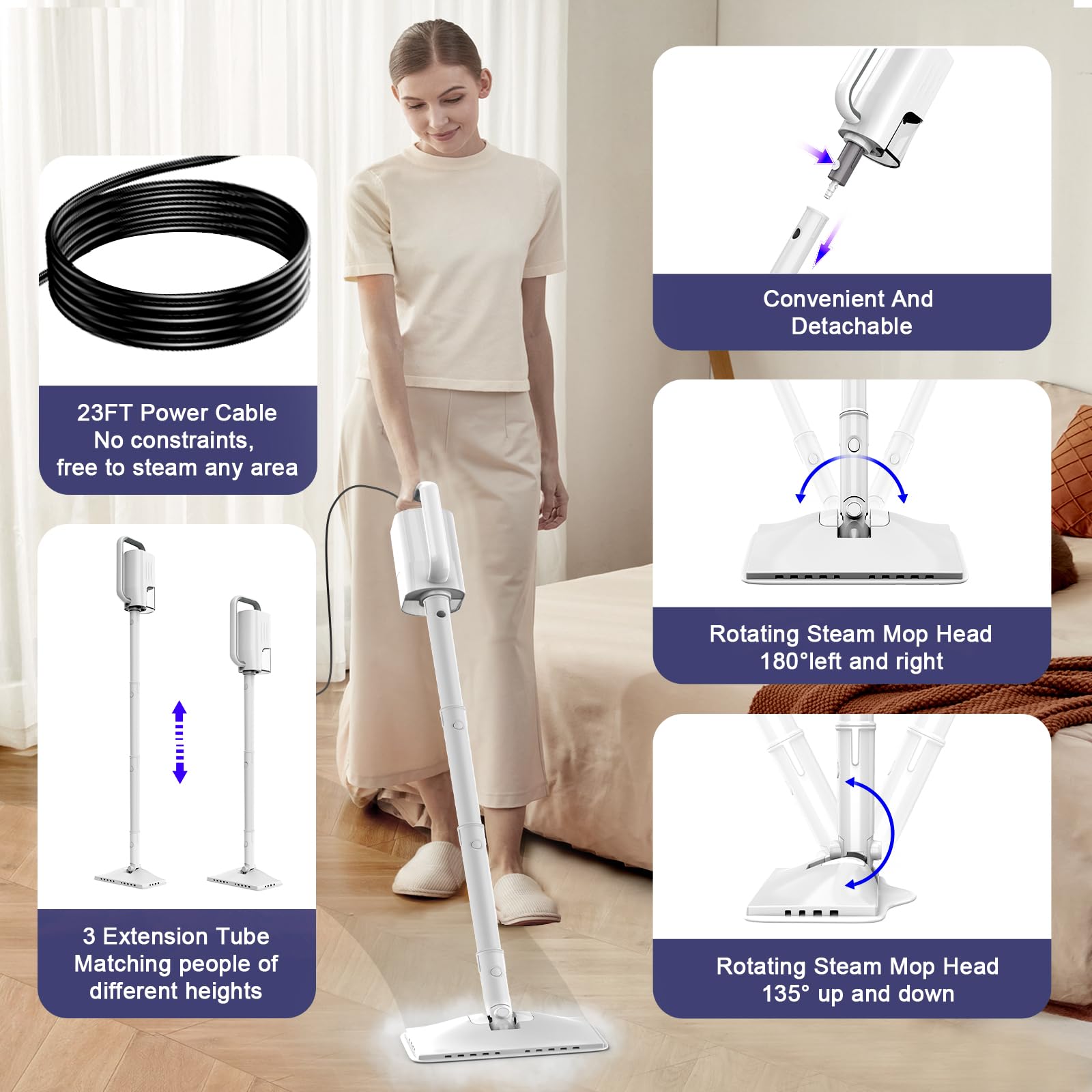 6-in-1 Steam Mop, 1200W Rotated Steam Cleaner for Home, 2 Modes, 400ML Removable Tank, 23FT Power Cord, 2 Pads, Multi-Surface Steamer for Hard Floor, Laminate Floor, Tiles Cleaning (White Silk)