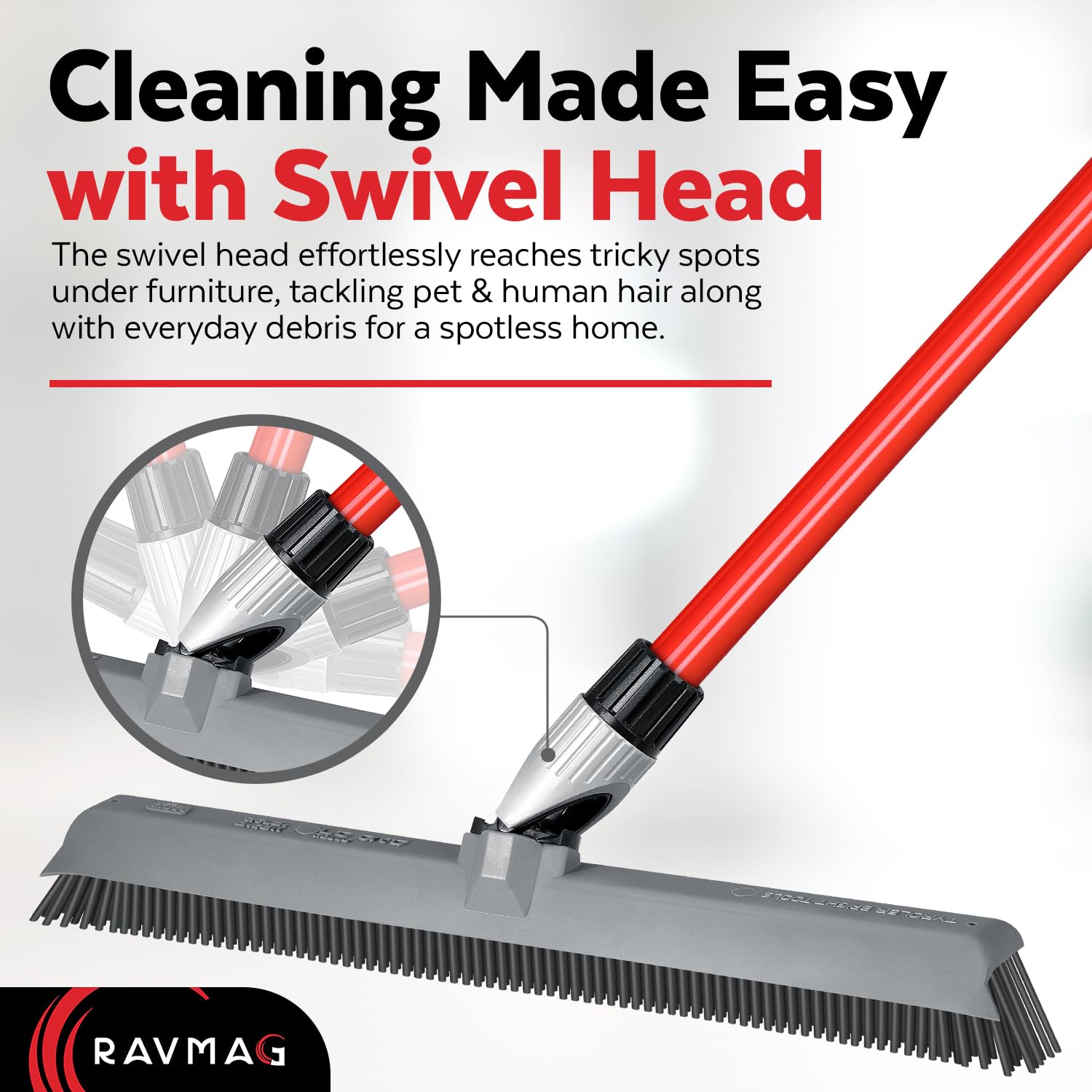 2-in-1 Silicone Rubber Broom Carpet Rake and Squeegee - Swivel Pet Hair Removal Broom - 4 Piece Handle - Slanted Side Bristles for Corners - Multipurpose Rubber Broom for Carpet, Hardwood Floor, Tile
