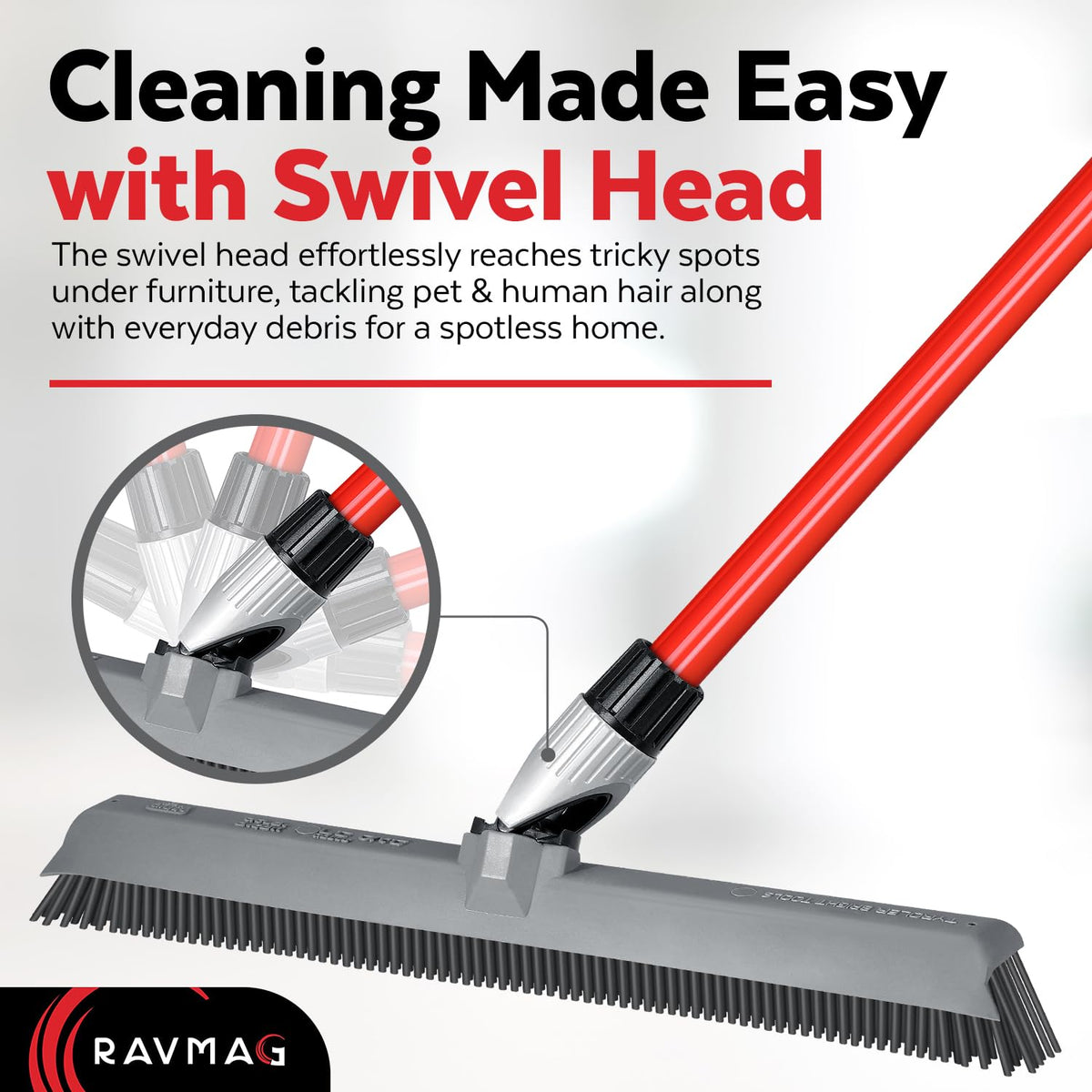 2-in-1 Silicone Rubber Broom Carpet Rake and Squeegee - Swivel Pet Hair Removal Broom - 1 Piece Long Handle - Slanted Side Bristles for Corners - Multipurpose Broom for Carpet, Hardwood Floor, Tile