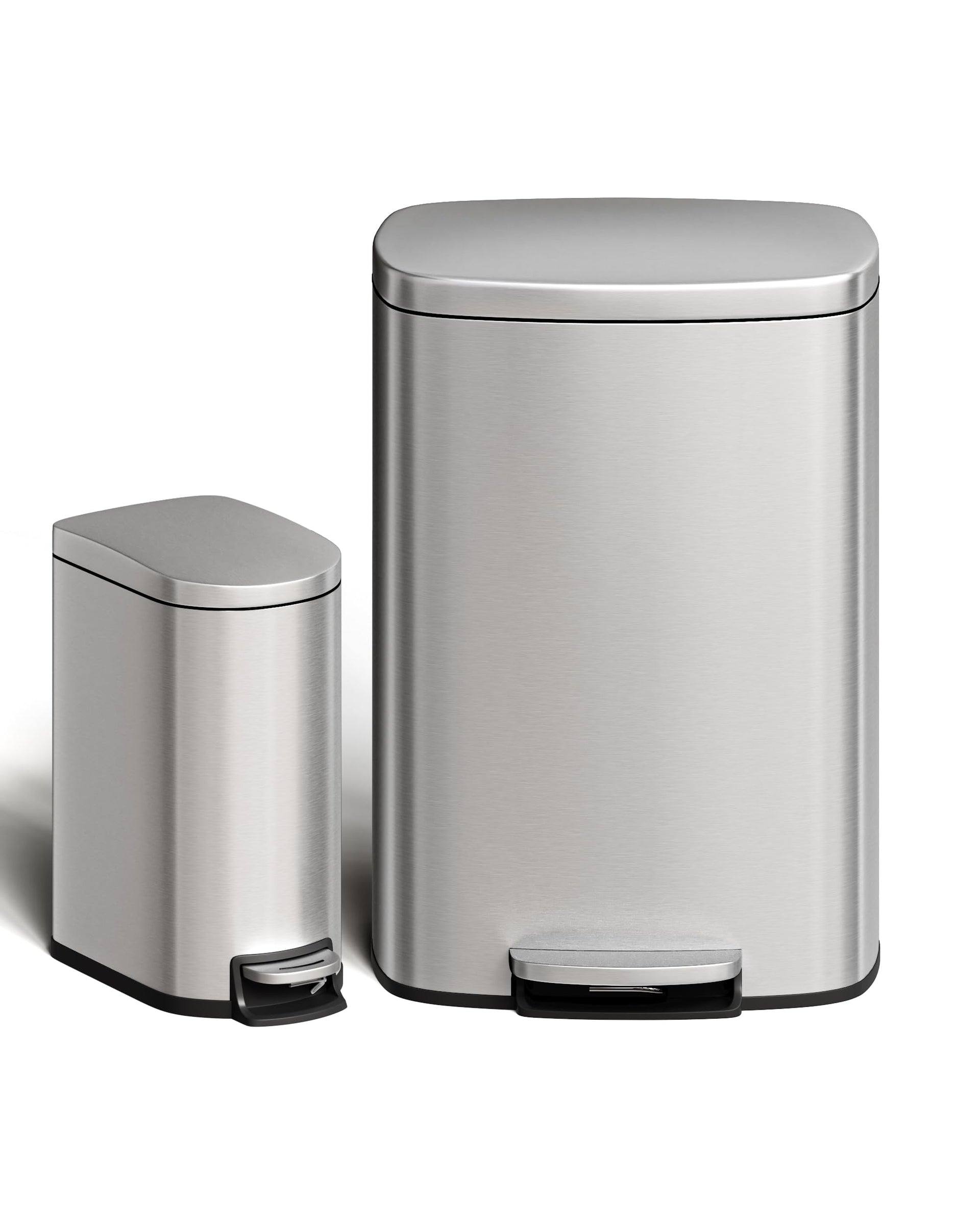 13 gal (50 L) and 2.6 gal (10 L) Stainless Steel Trash Can Combo Set, Rustproof Garbage Can with Lid for Kitchen and Bathroom, Step-on Trash Bin with Inner Bucket, Rear Handle, Silver