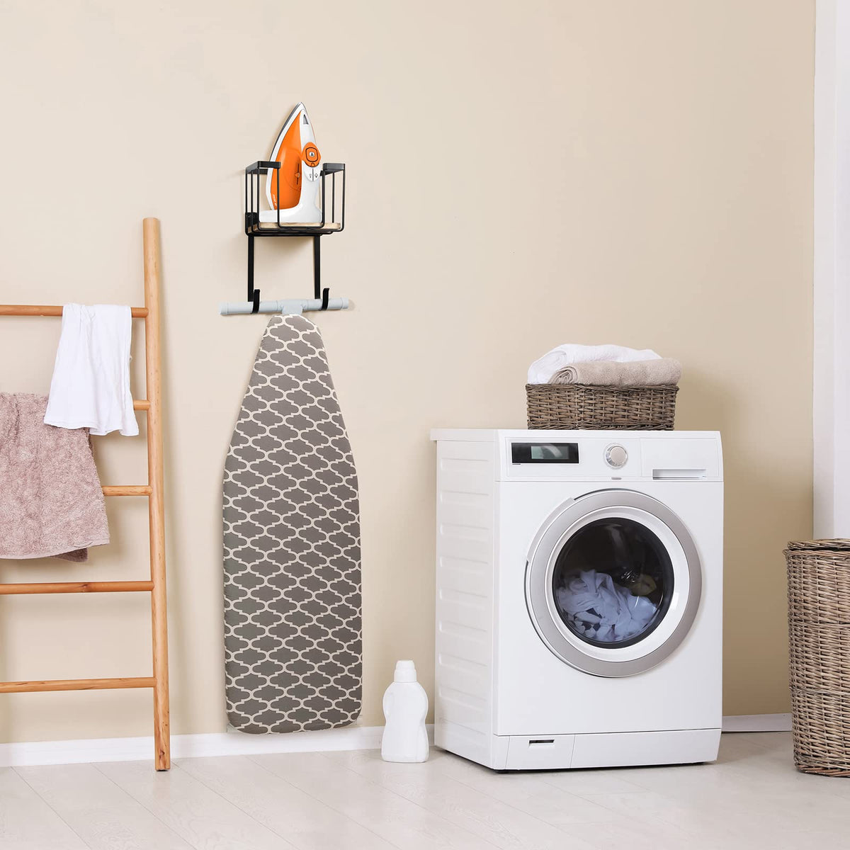 Wall Mount Over The Door Ironing Board Holder with Large Storage Basket