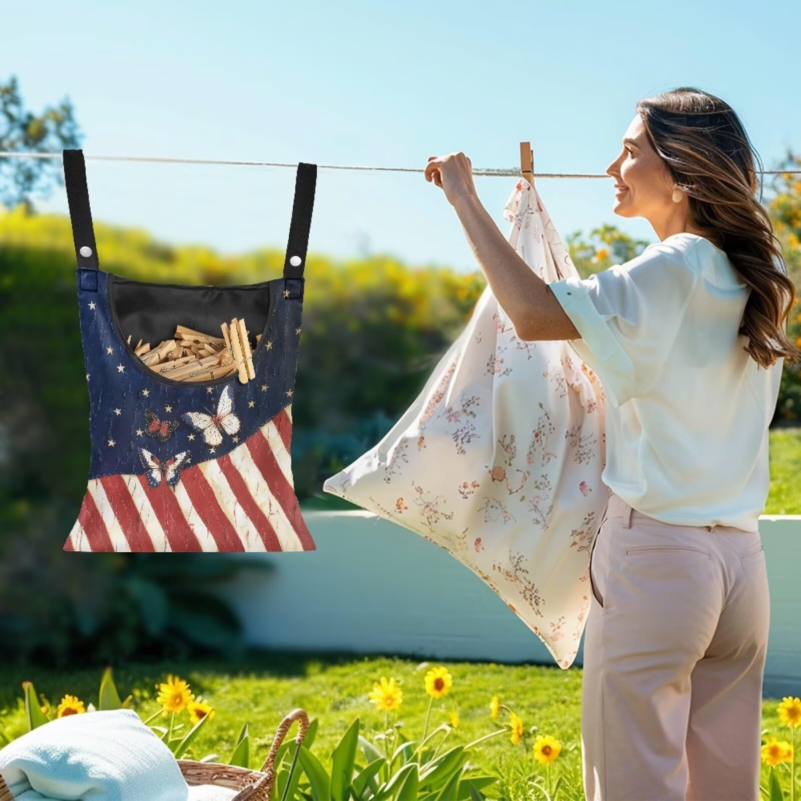 American Flag Clothespin Bag Butterfly Clothespin Bag for Clothesline Outdoor Clothespins Storage with Hanger Hook Clothespin Bags Hanging Outdoor Waterproof Clothespin Storage