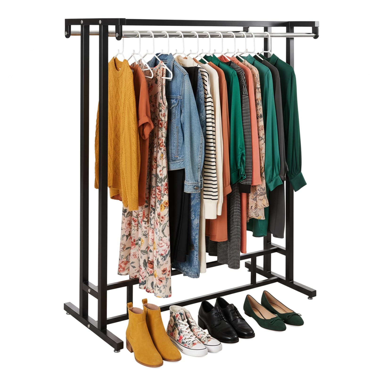 Black Double Rod Garment Rack with Shelf Freestanding Clothing Stand