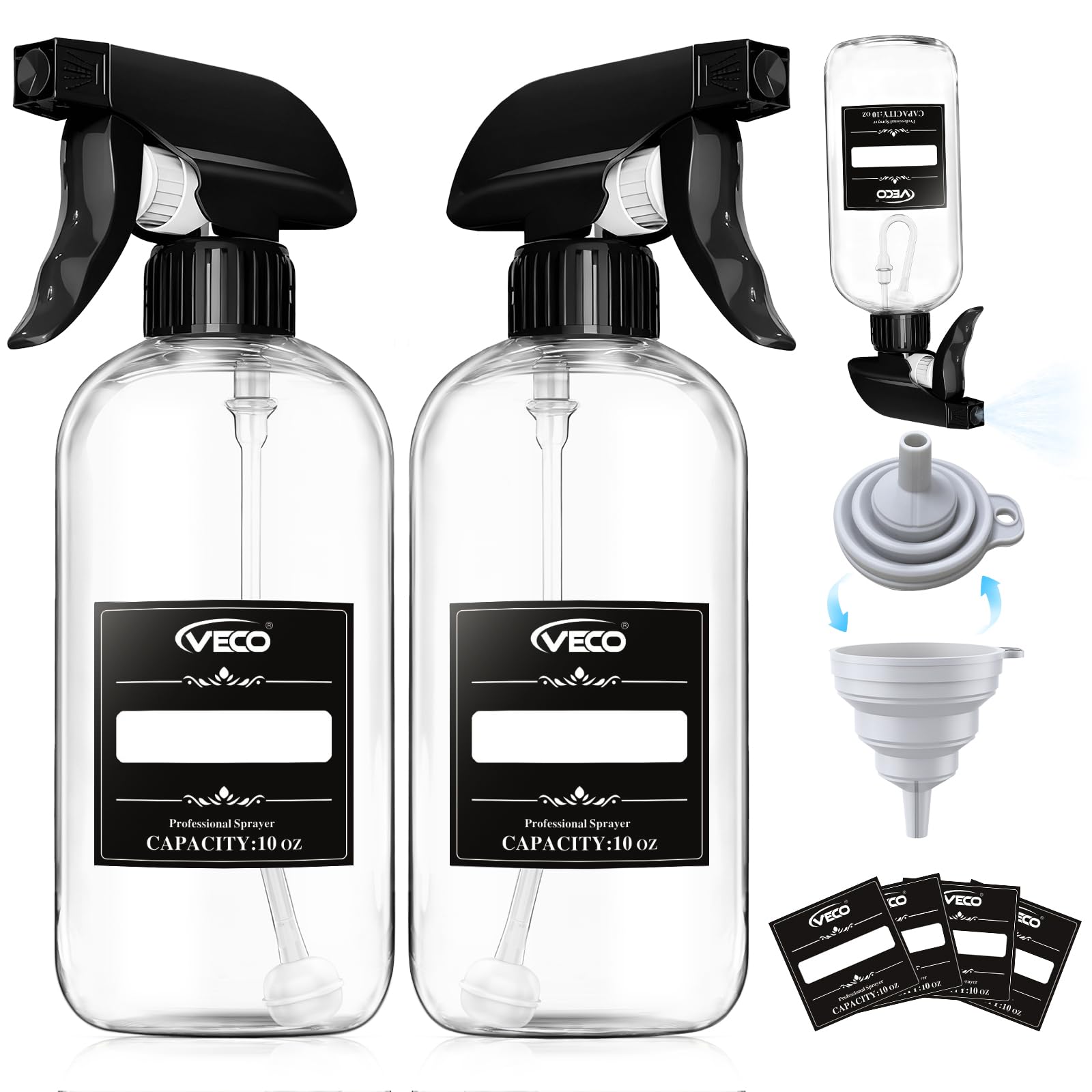 300mL (10oz) 360° Spray Bottles, 2-Pack — Adjustable Nozzle, Leak-Resistant spray bottles for Cleaning, Plants, Hair & Pet Use + Foldable Funnel (2 Count)
