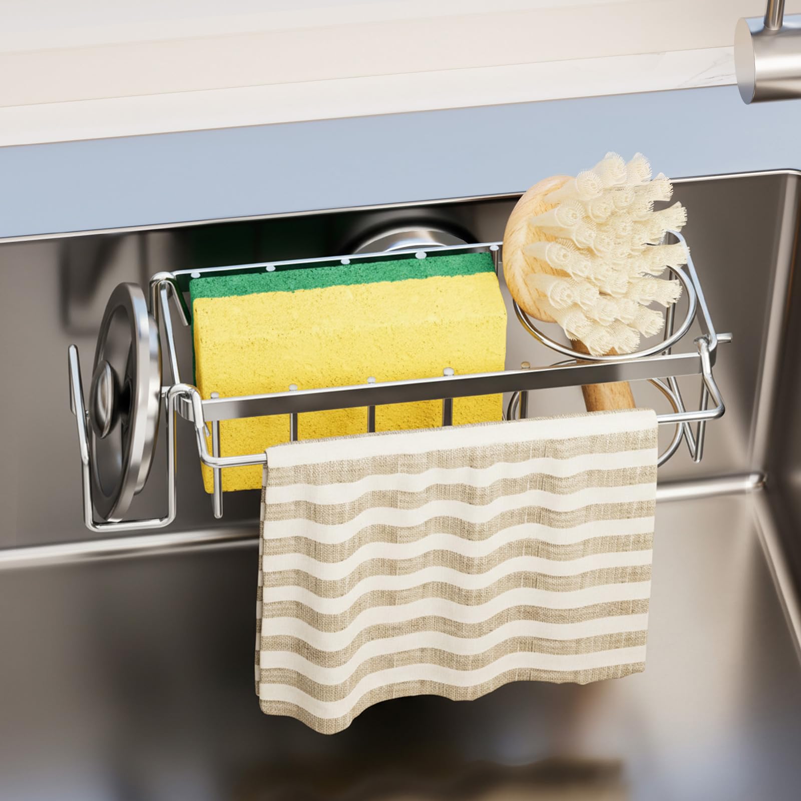 4-in-1 Sink Sponge Holder for Kitchen with Strong Suction Cup-Silver