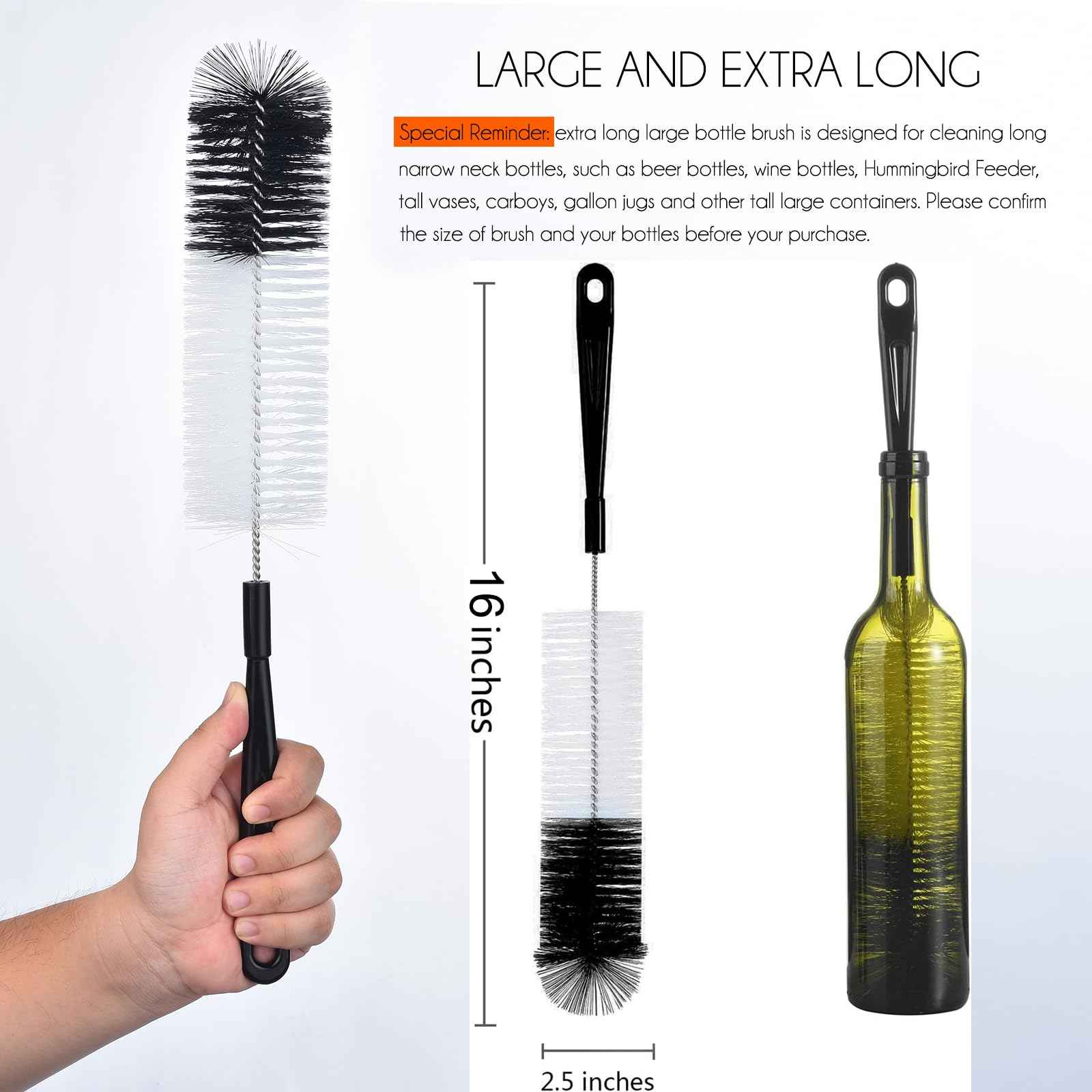 3 Pack Long Black Bottle Cleaning Brush for Narrow Neck Beer