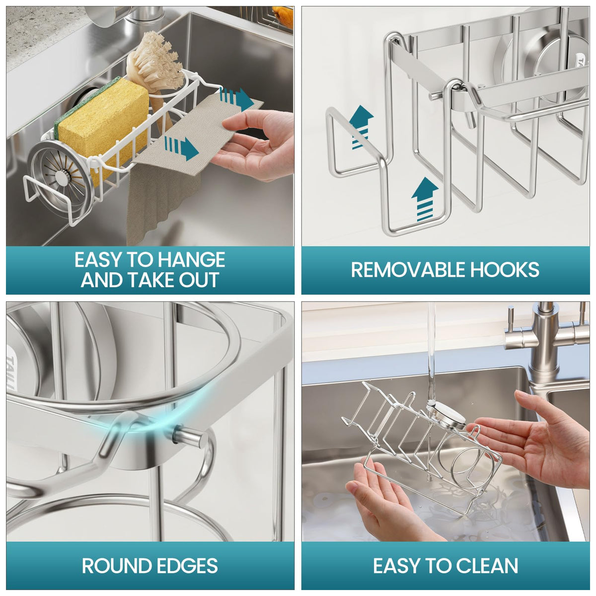 4-in-1 Sink Sponge Holder for Kitchen with Strong Suction Cup-Silver
