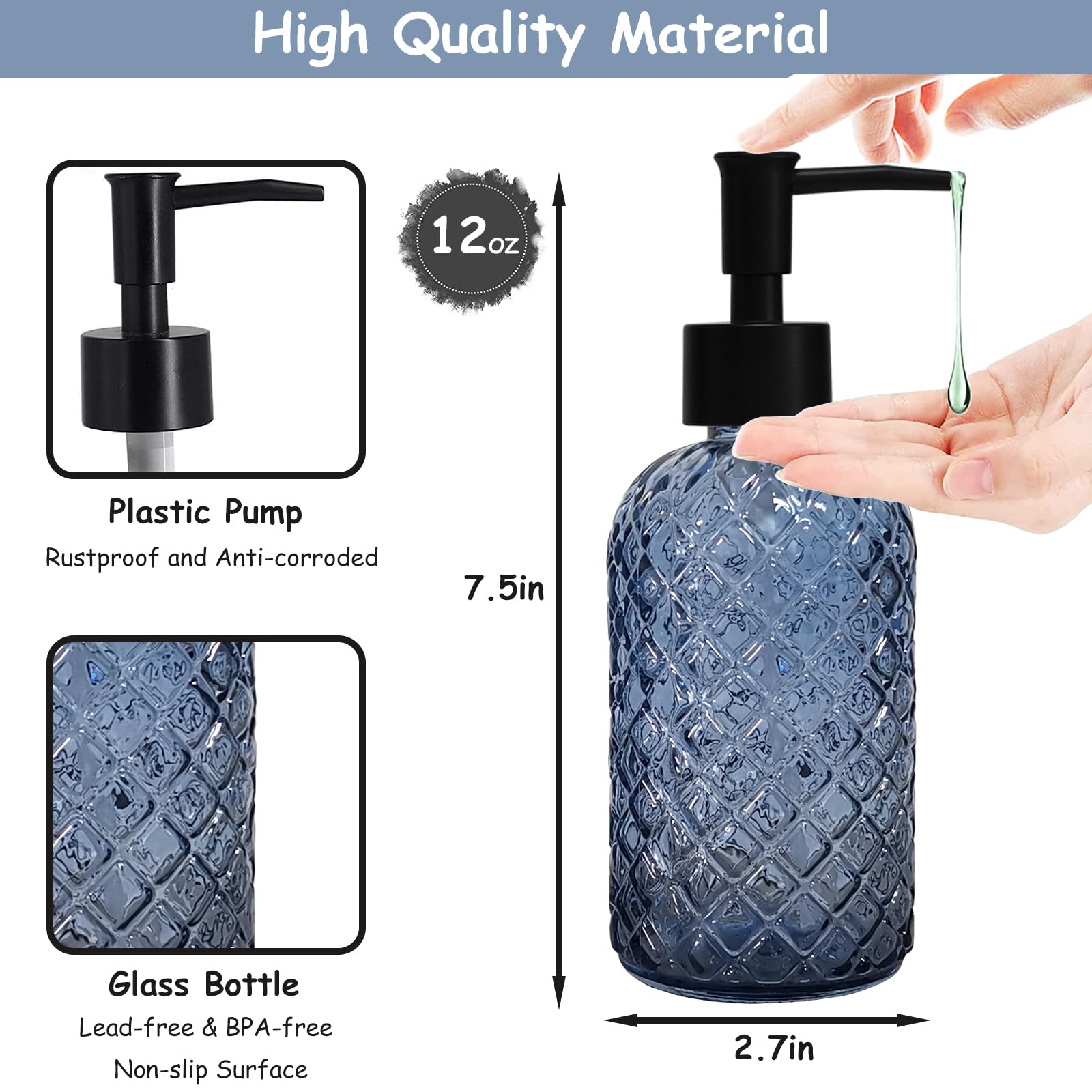 Blue Glass Dish Soap Dispenser for Kitchen