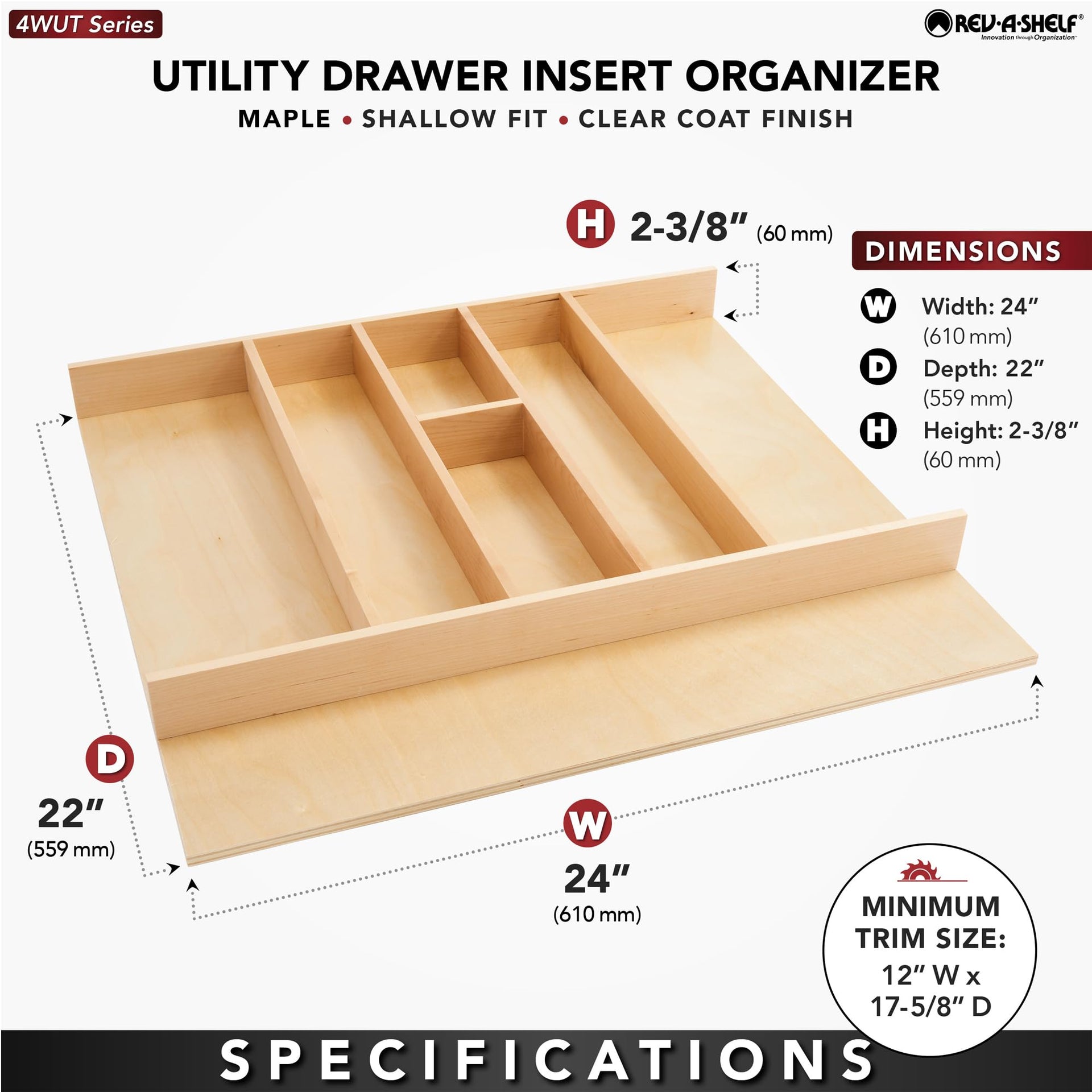 Trim-to-Fit Shallow Drawer Organizer For Kitchen Utensils, Cutlery Cabinet Storage Divider Insert, 23.98 x 21.97 In, Maple Wood, 4WUT-3SH