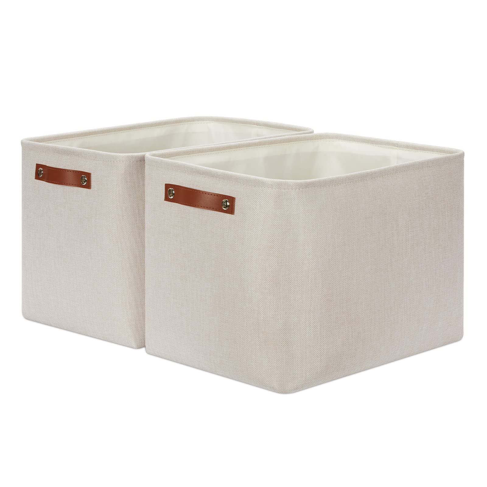 2 Pack Large Storage Baskets for Organizing 16"x12"x12" Canvas Fabric Storage Basket Bins With Leather Handles for Shelf Clothes Empty Gift Basket (2 Count)