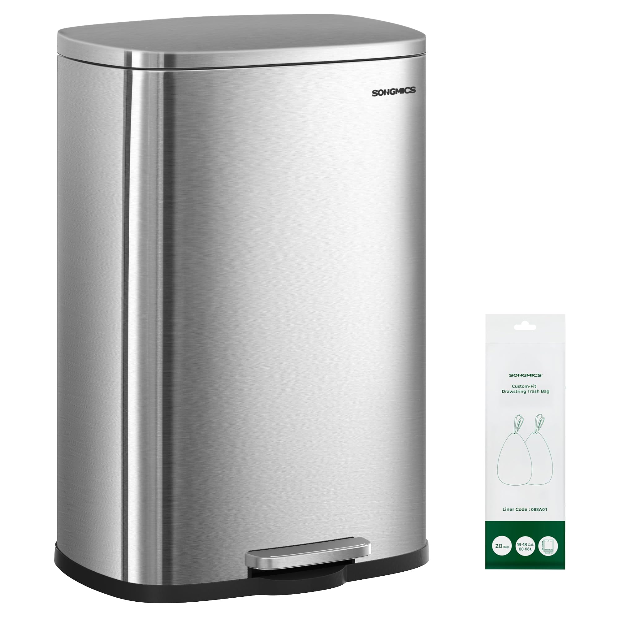 20-Gallon (75 L) Trash Can, Stainless Steel Kitchen Garbage Can, Recycling or Waste Bin, Soft Close, Step-On Pedal, Removable Inner Bucket, Silver ULTB075EZ01