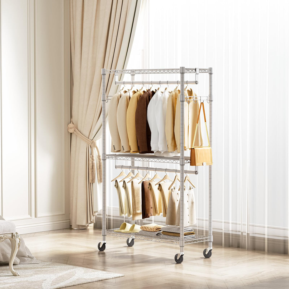 Heavy Duty Rolling Garment Rack 3 Tiers Adjustable Wire Shelving Clothes Rack with 2 Rods and Side Hooks