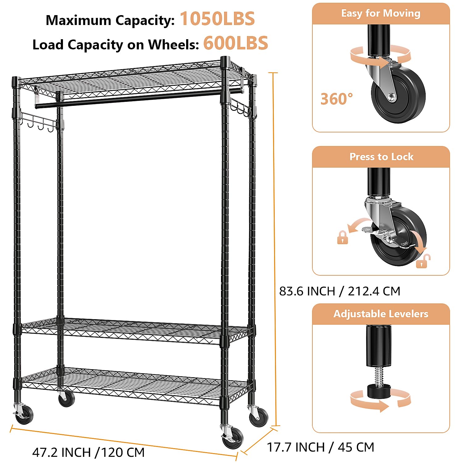 Heavy Duty Rolling Garment Rack 3 Tiers Adjustable Wire Shelving Clothes Rack with Rods and Side Hooks