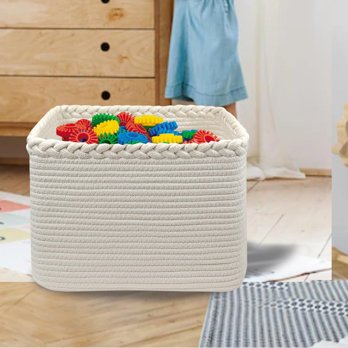 3PACK Cotton Rope Square Basket with Handles for Shelves (3 Count)