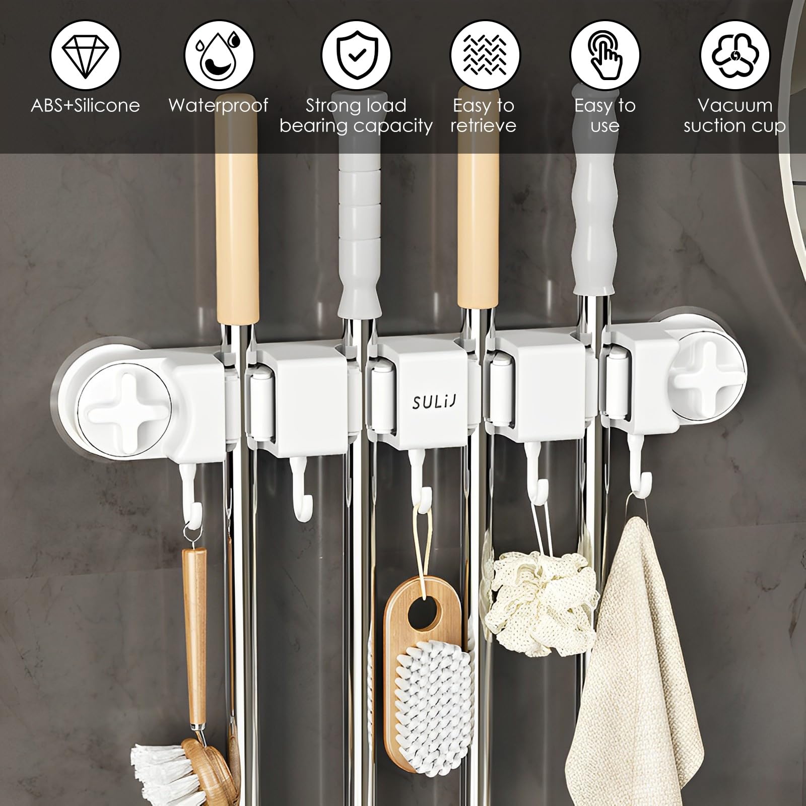 Broom Holder Wall Mount Sturdy Mop and Broom Organizer with 4 Racks and 5 Hooks Vacuum Suction Cup Broom Mop Holder for Home