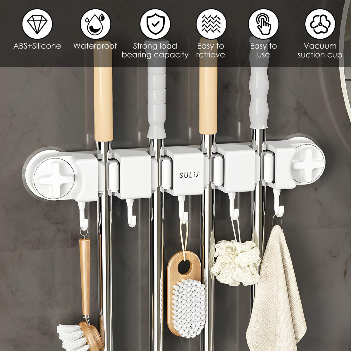 Broom Holder Wall Mount Sturdy Mop and Broom Organizer with 4 Racks and 5 Hooks Vacuum Suction Cup Broom Mop Holder for Home