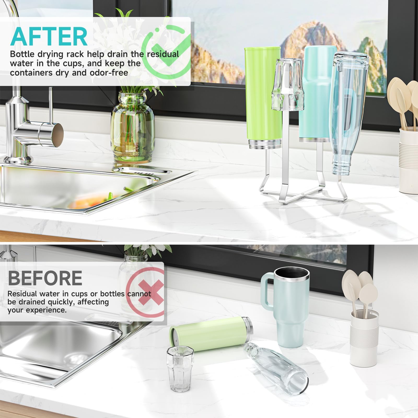 Bottle Drying Rack Reusable Drying Rack for Bottles Metal Foldable Water Bottle Dryer Holder Space Saving Cups Dryer Racks Kitchen Stand Holder for Plastic Bags