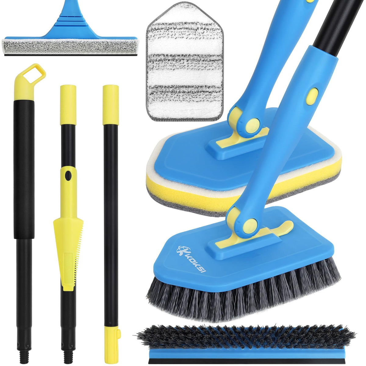 Tile Tub Scrubber Brush with 5 Different Function Cleaning Heads and 51" Extendable Long Handle Non Scratch Shower Scrubber for Cleaning Bathroom Kitchen Toilet Wall Bathtub (9 Count)