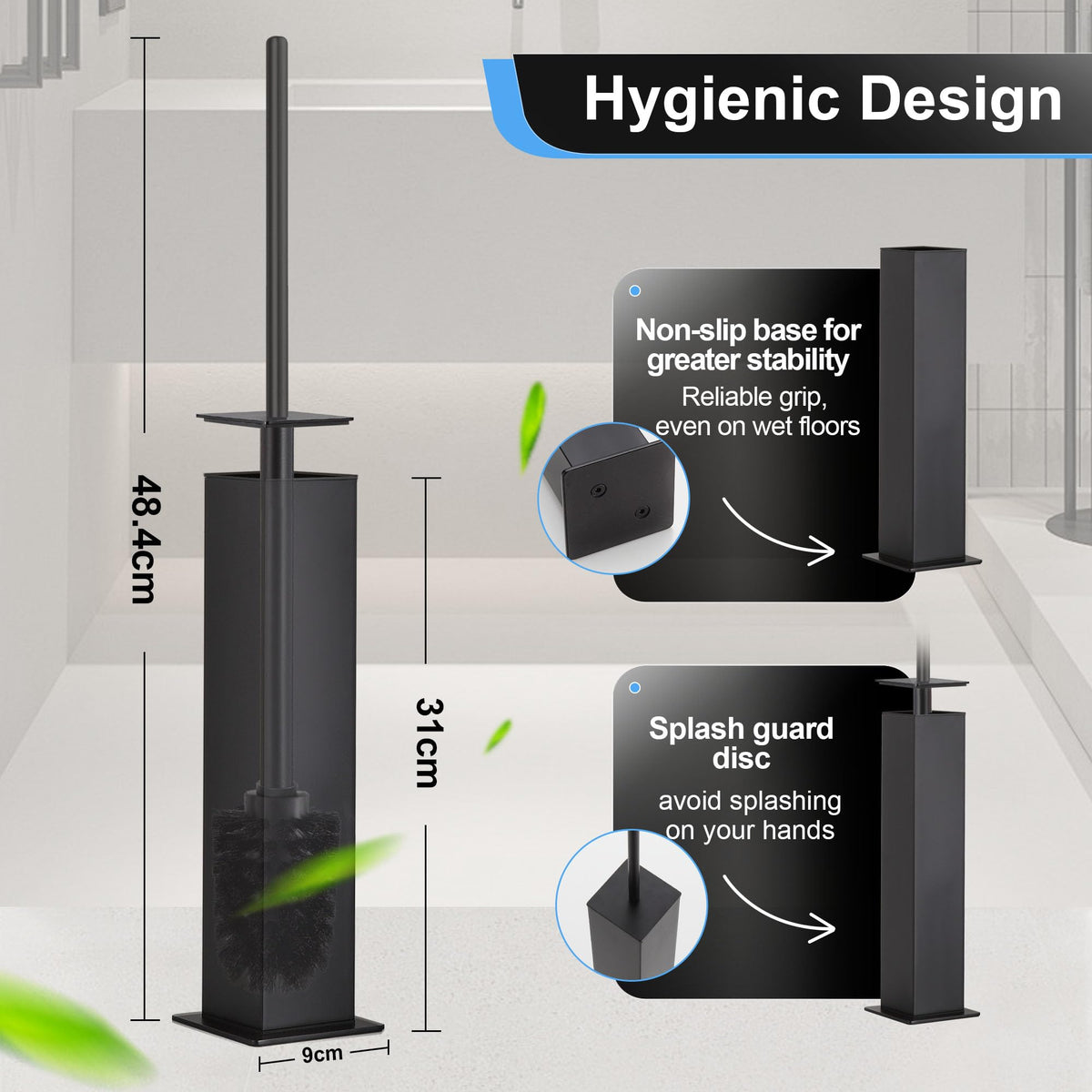 Toilet Brush and Holder Set Black Stainless Steel 304 Square Freestanding Toilet Brush for Bathroom