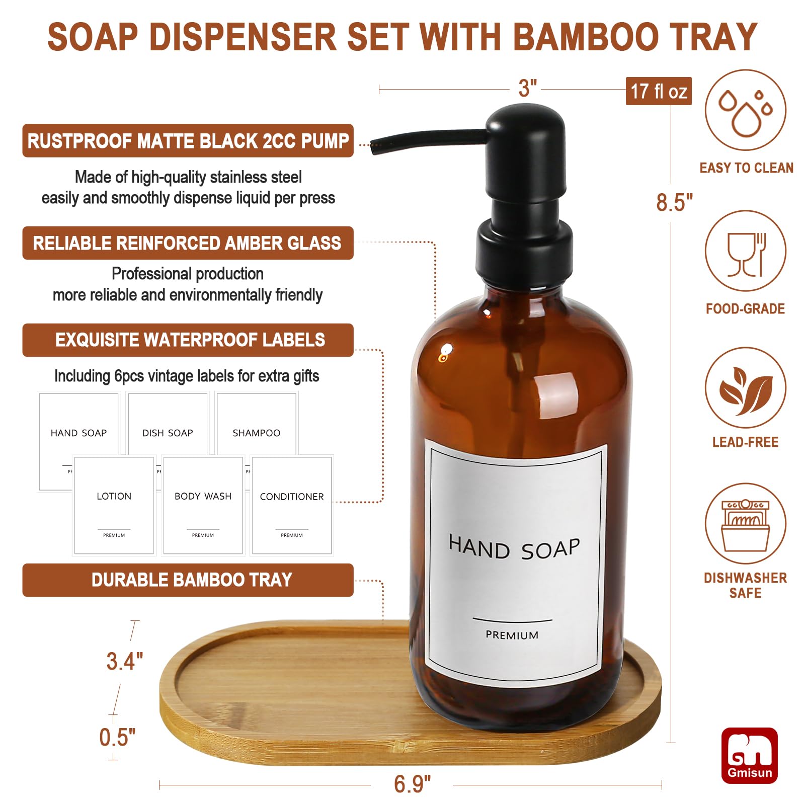 Amber Glass Soap Dispenser (2 Count)