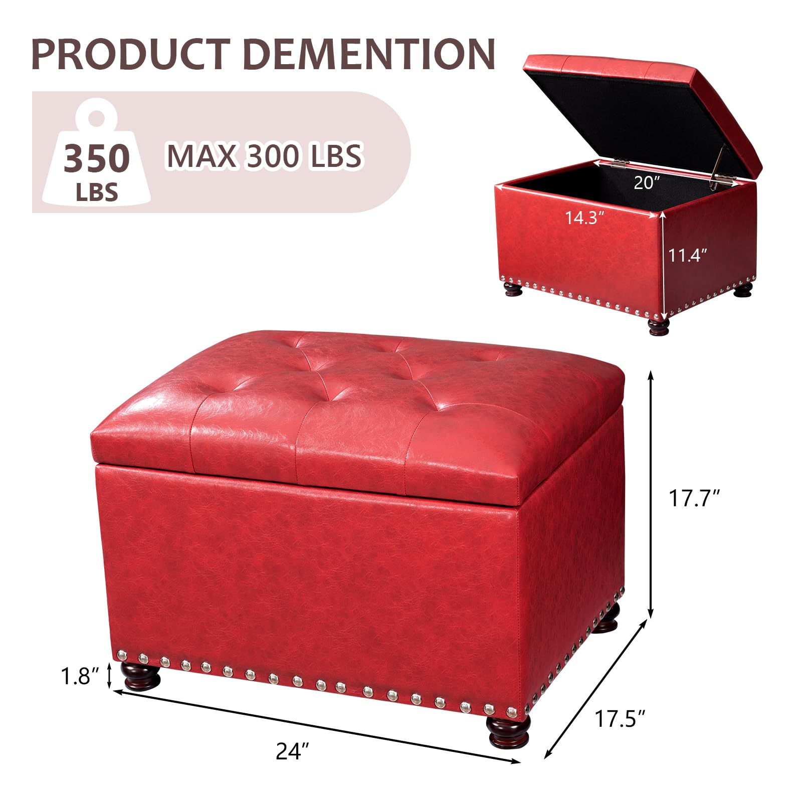 24'' Leather Storage Ottoman Rectangular Foot Rest Stool with Nailhead Trim for Bedroom Living Room